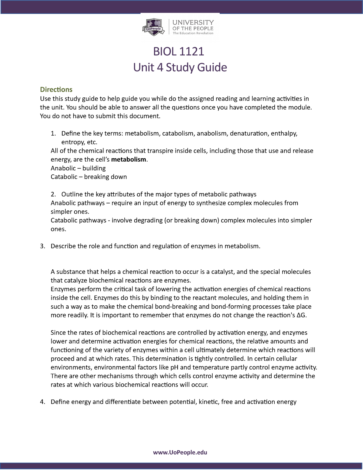 BIOL1121 Unit 4 Study Guide - BIOL 1121 Unit 4 Study Guide Directions ...