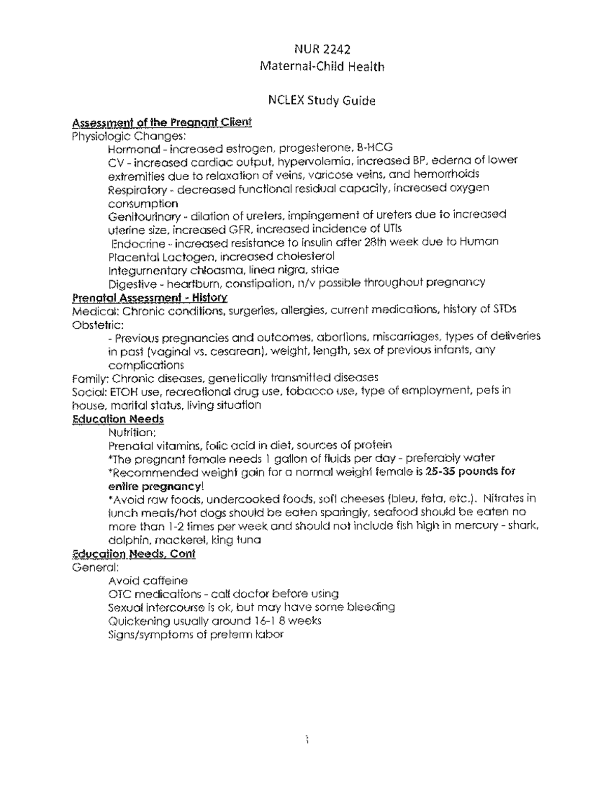Maternity Nclex Study Guide NURS 1111 Studocu