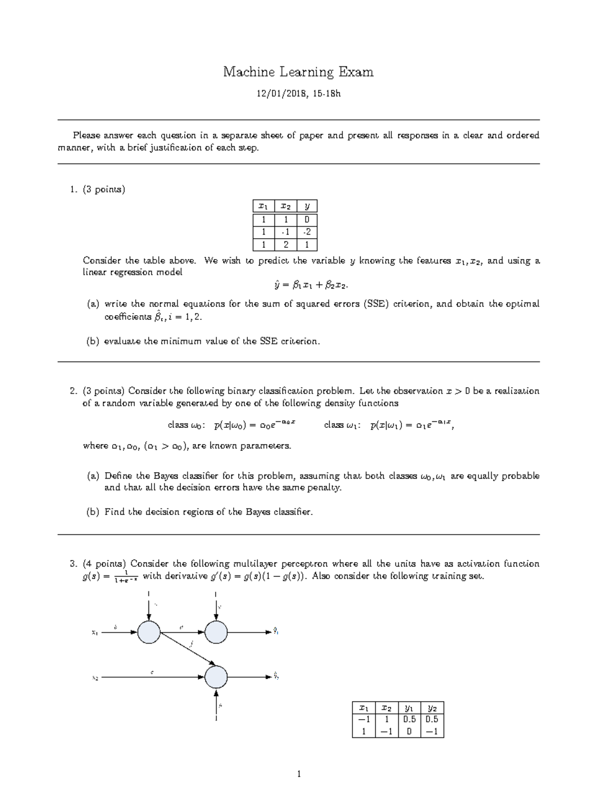 1st Exam Question Paper - Machine Learning Exam 12/01/2018, 15-18h ...