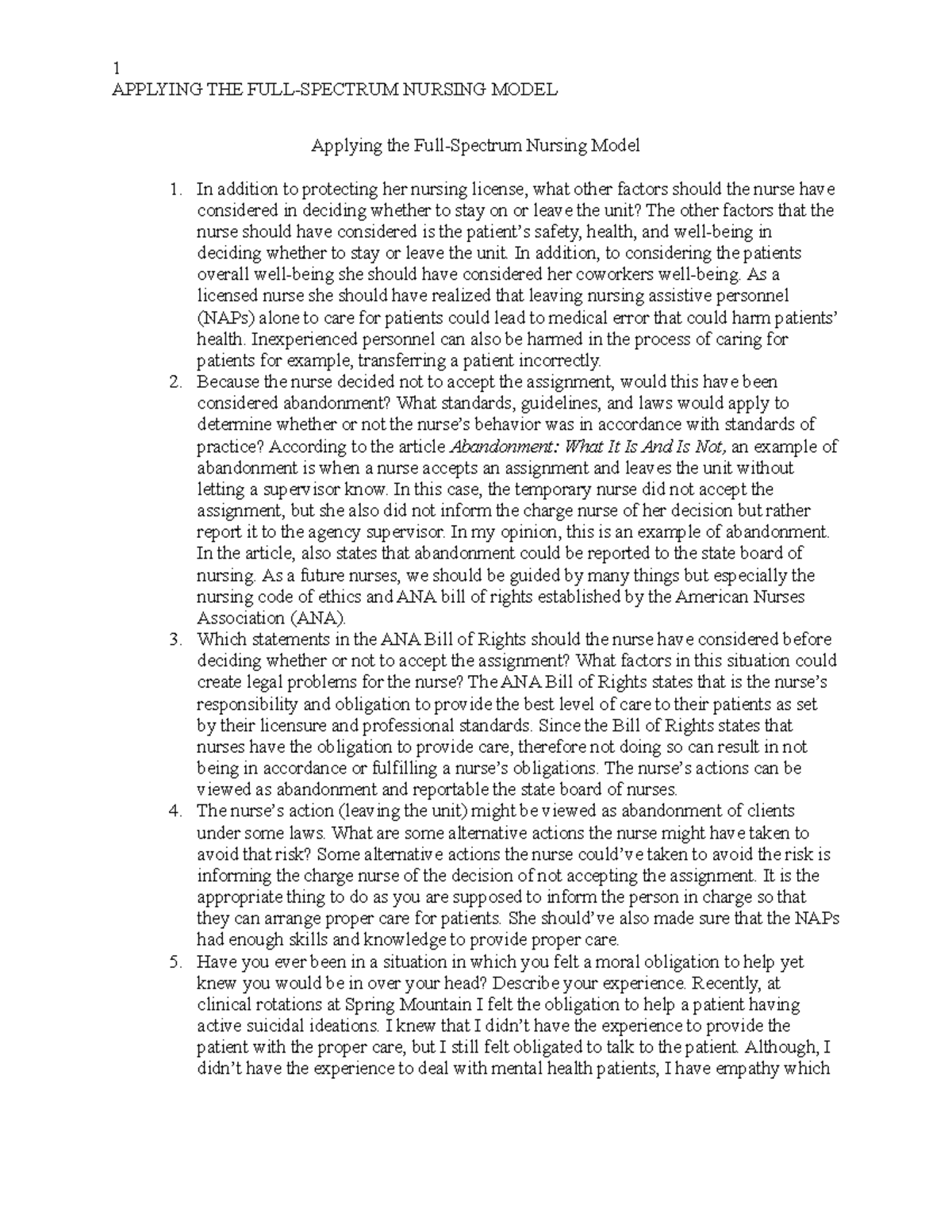 Applying the Full Spectrum Nursing Model - 1 APPLYING THE FULL-SPECTRUM ...