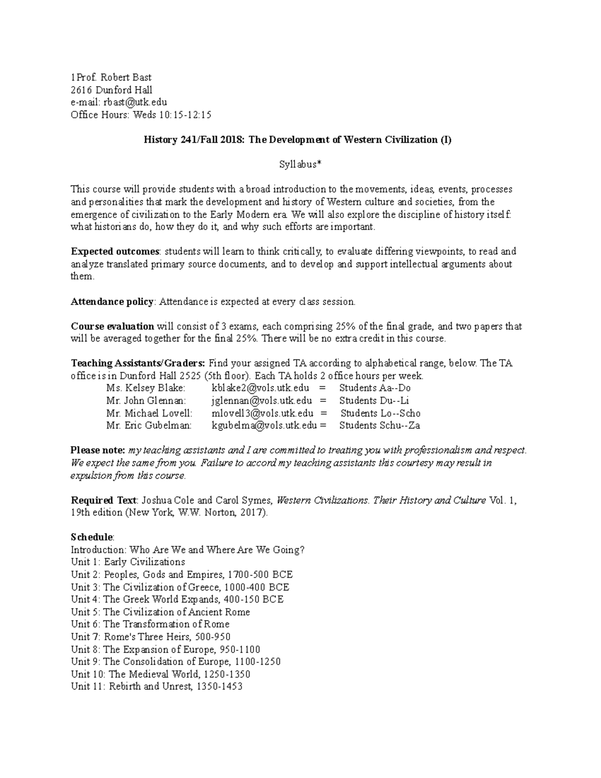 Syllabus 241F18 1Prof. Robert Bast 2616 Dunford Hall email rbast