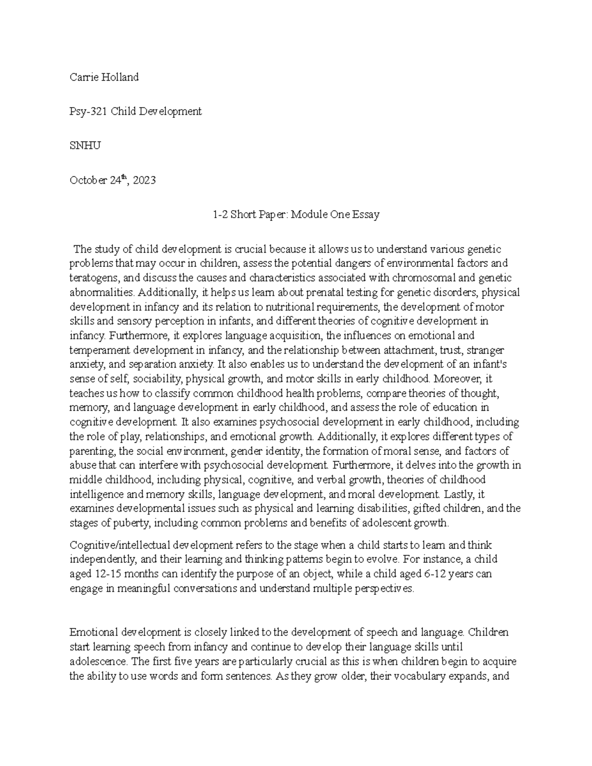 Psy-321 1-2 Short Paper - Carrie Holland Psy-321 Child Development SNHU ...