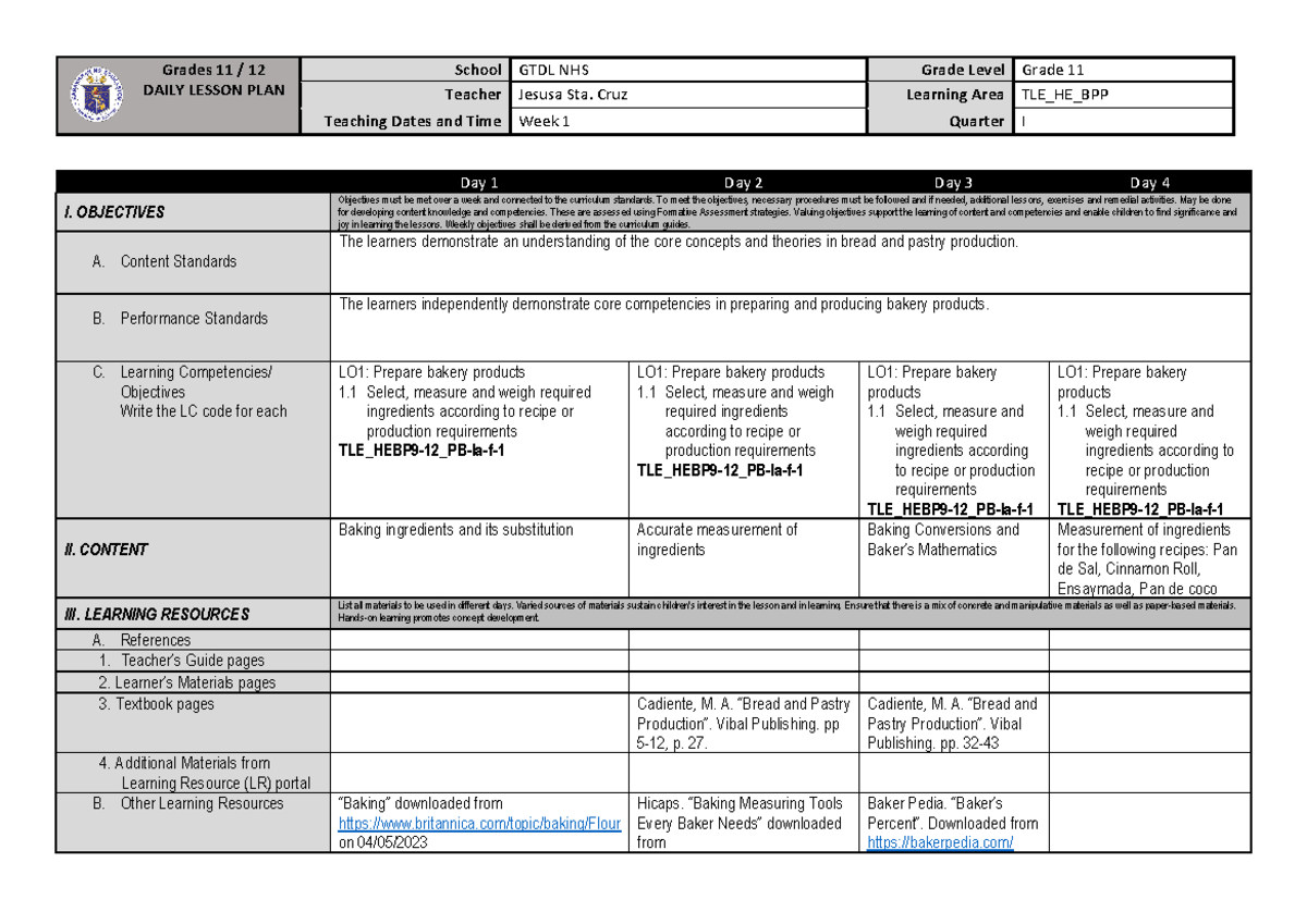 DLPTemplate Sample BPP Grades 11 / 12 DAILY LESSON PLAN School GTDL NHS Grade Level Grade 11