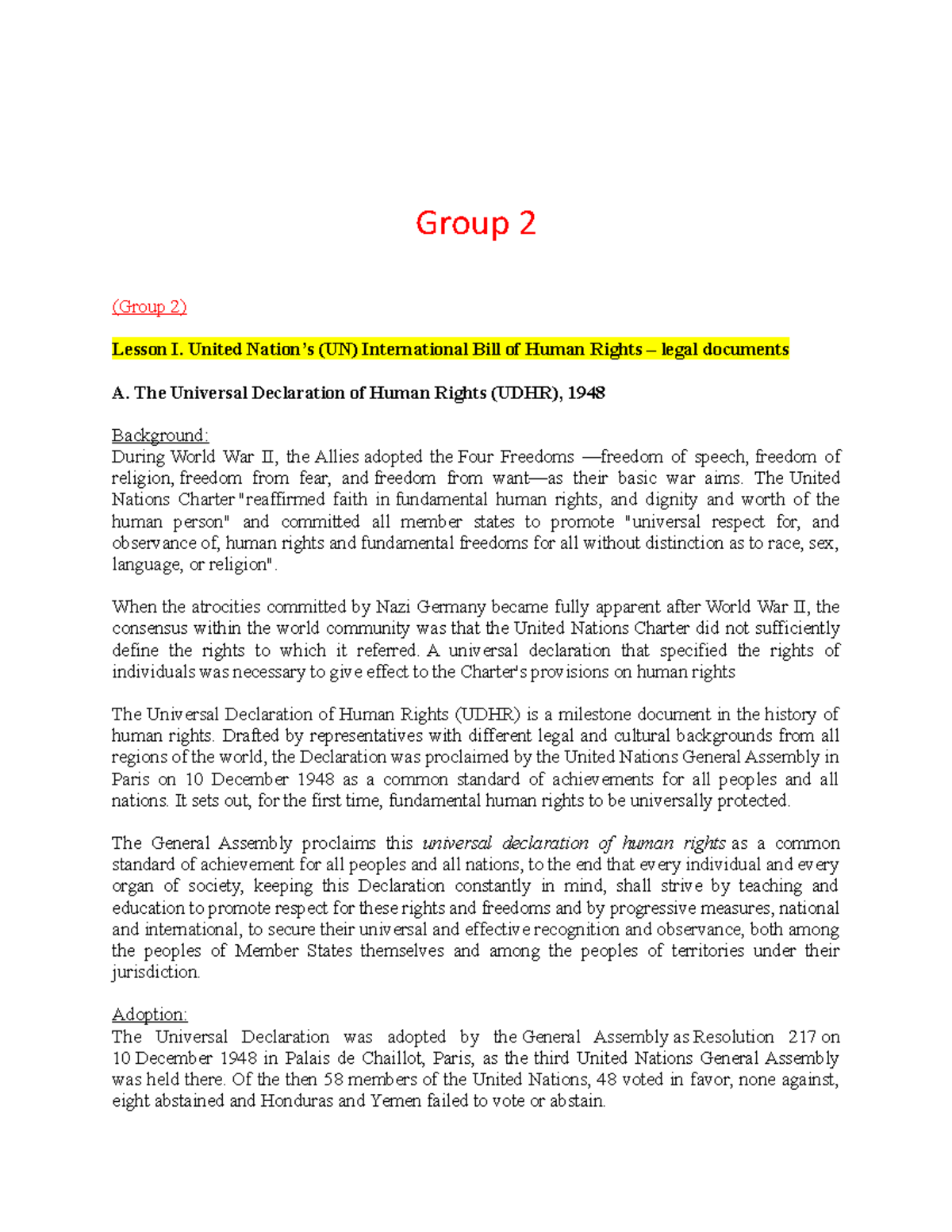 Group-2 - Notes on Human Rights 4 - Group 2 (Group 2) Lesson I. United ...