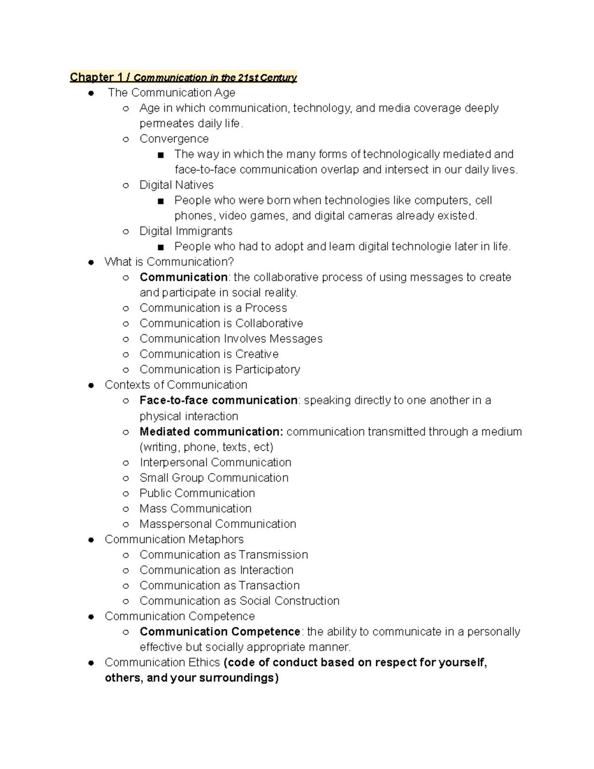Chapter 1 & 11 Notes - Dr. Abendschein - Chapter 1 / Communication in ...