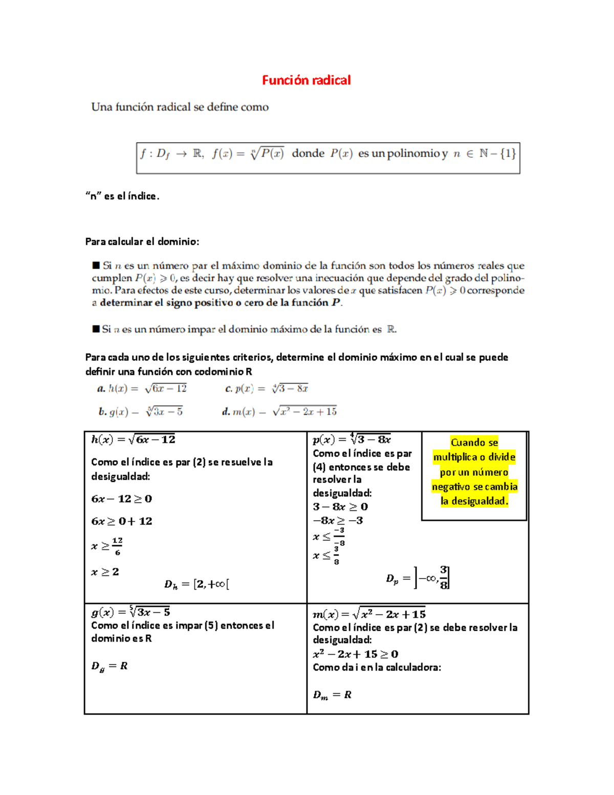 Funcion Radical - Precalculo - Función Radical “n” Es El índice. Para ...