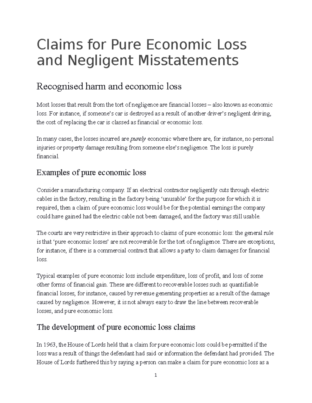 Claims for Pure Economic Loss and Negligent Misstatements - Claims for ...
