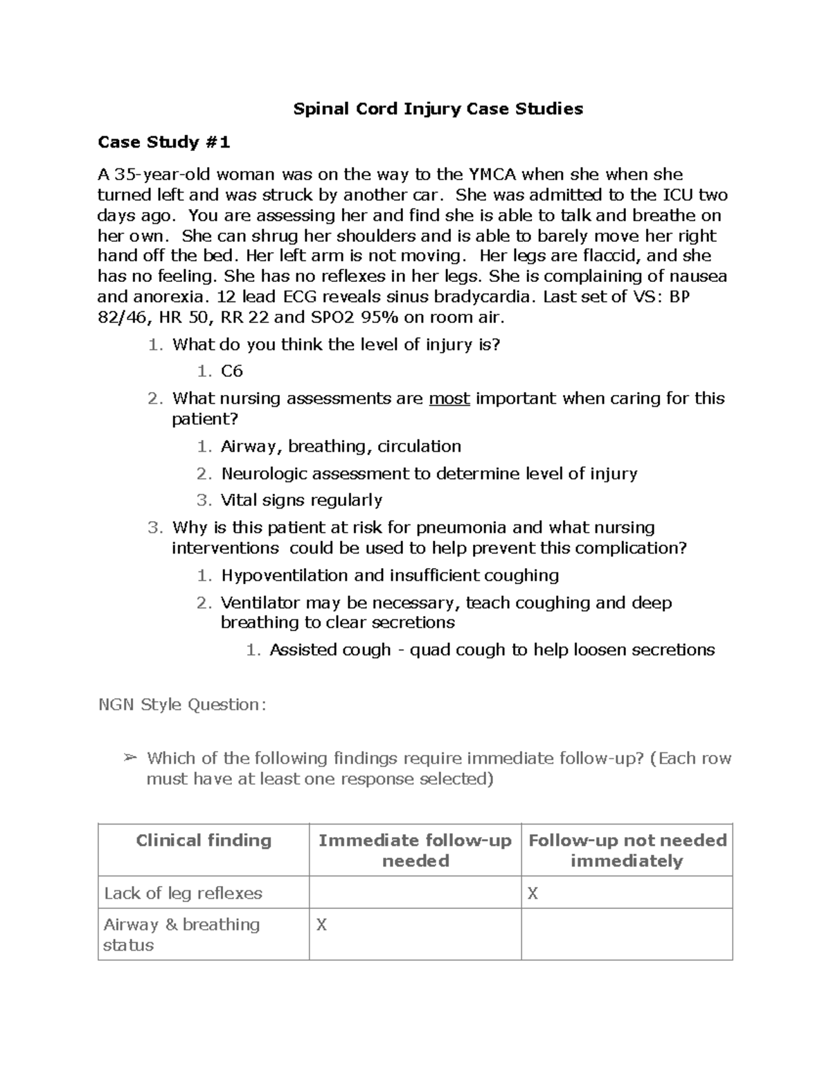 case study spinal cord injury answers