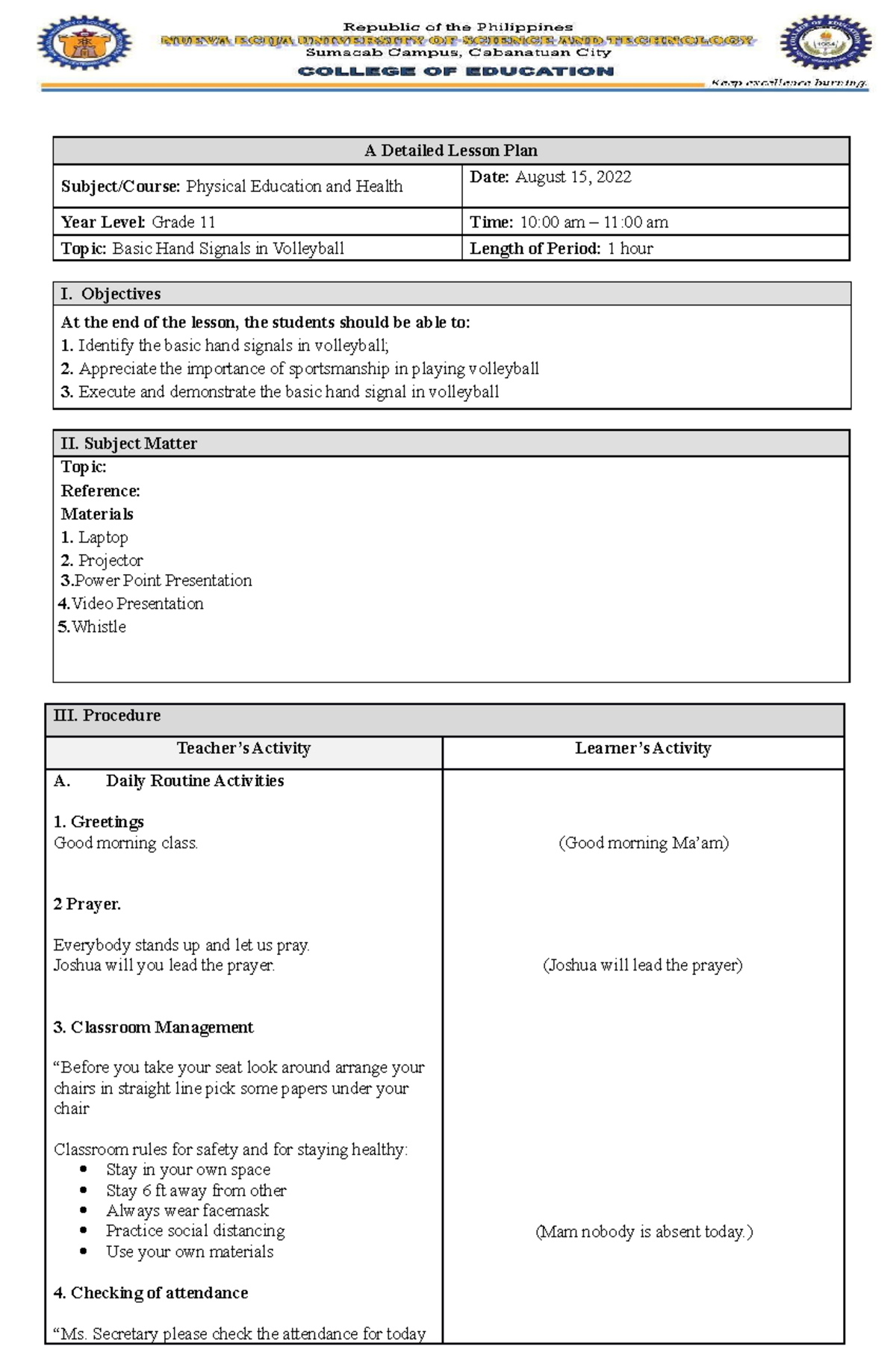 DEMO Teaching Volleyball - Copy - A Detailed Lesson Plan Subject/Course ...