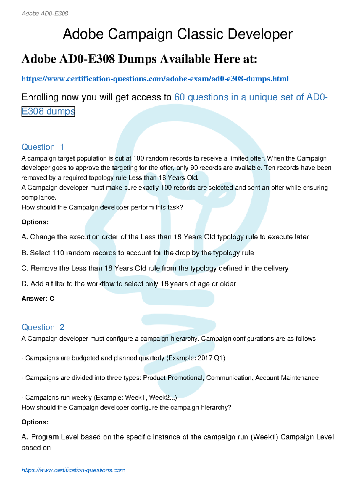 Ad0-e308-pdf - NNNNNN - Adobe Campaign Classic Developer Adobe AD0-E308 ...