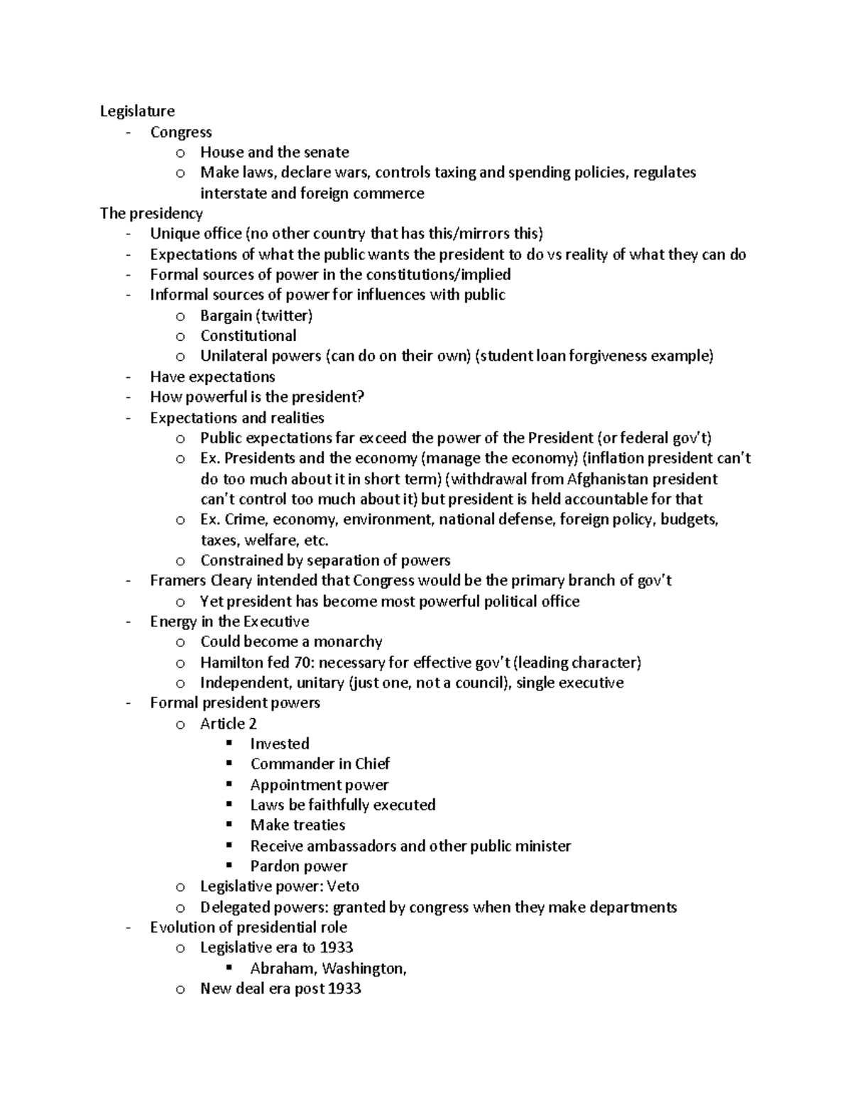 Polisci notes - Legislature - Congress o House and the senate o Make ...