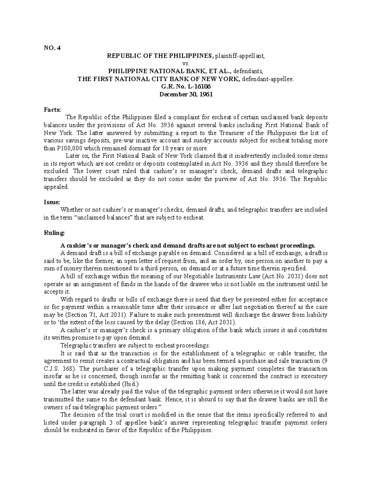 4. Republic v PNB case digest NO. 4 REPUBLIC OF THE PHILIPPINES