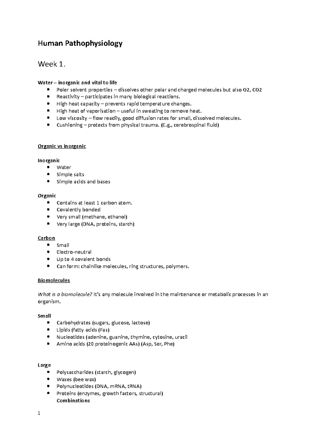 Notes week 1 and 2 - Human Pathophysiology Week 1. Water – inorganic ...