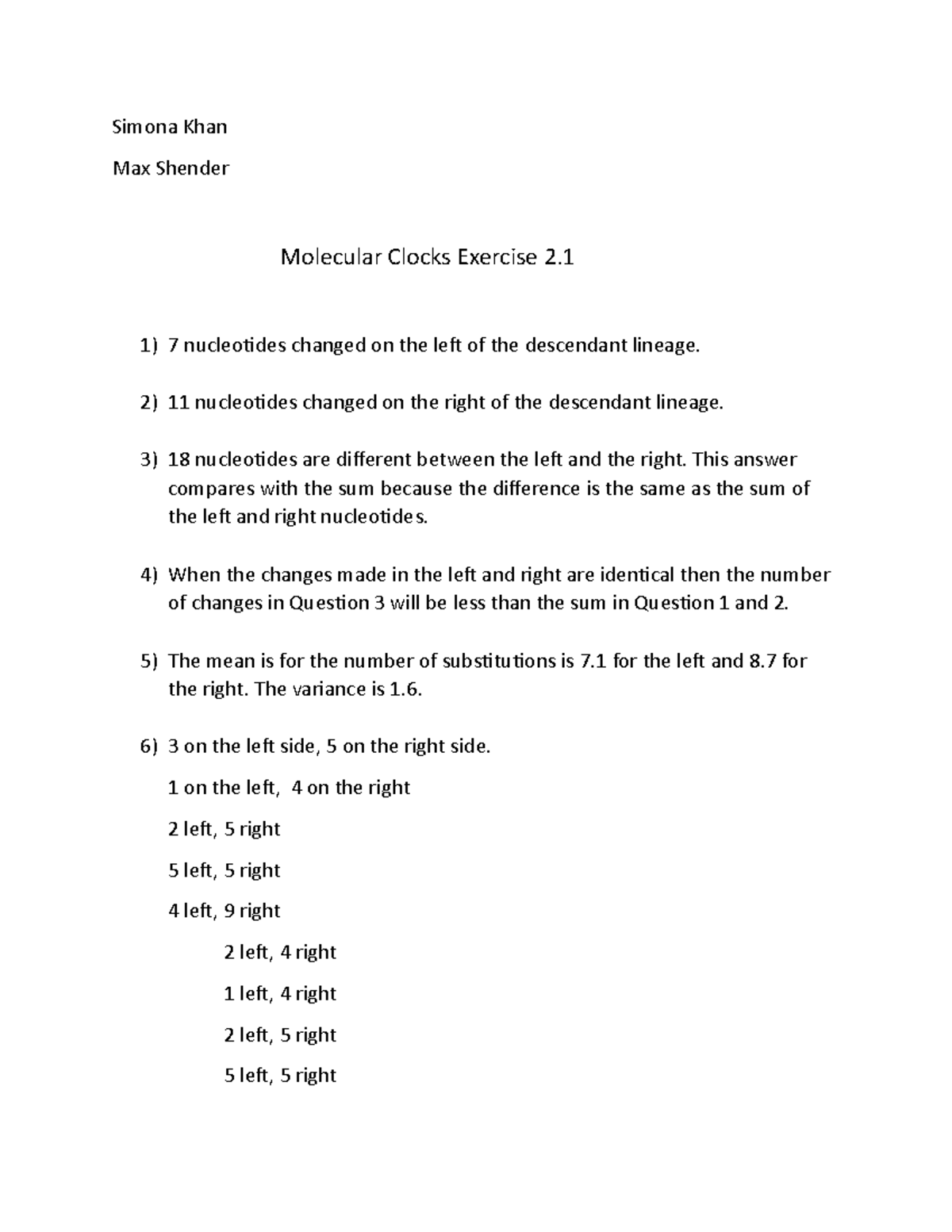 Bio 119 Lab Molecular Clock 2 Simona Khan Max Shender Molecular