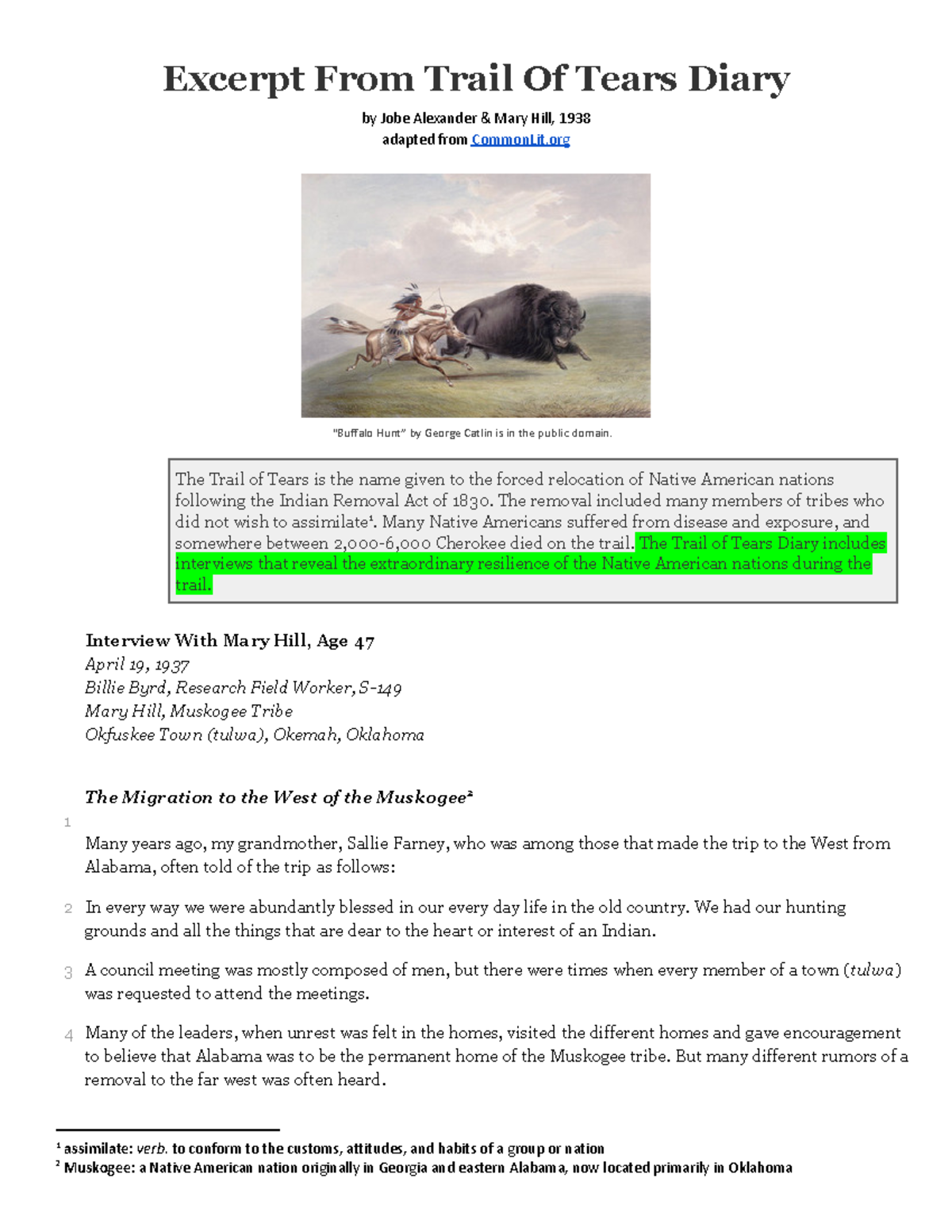 Excerpt from Trail of Tears Diary Excerpt From Trail Of Tears Diary