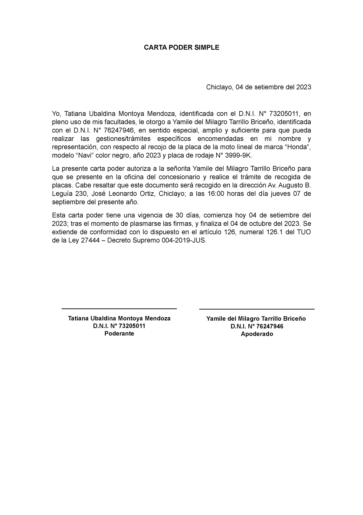 Carta Poder Simple Carta Poder Simple Chiclayo 04 De Setiembre Del 2023 Yo Tatiana Ubaldina 0470