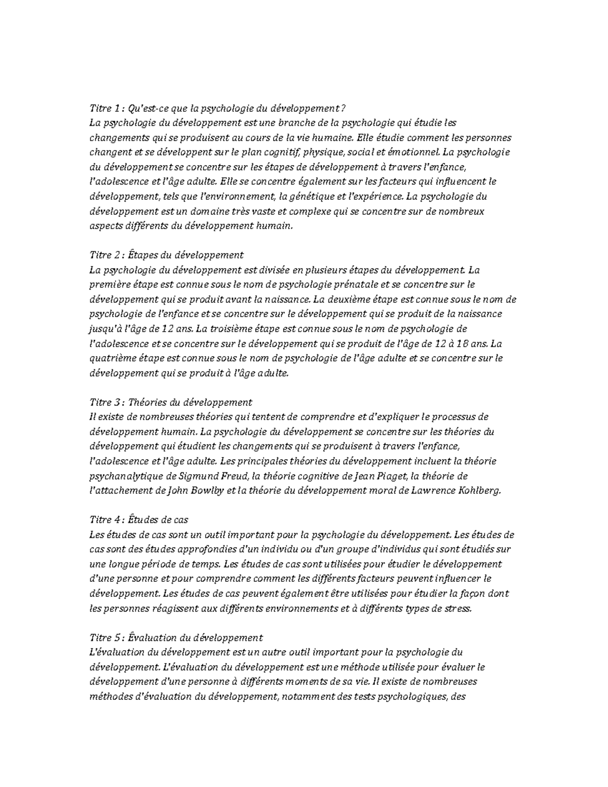 Developmental Psychology Study Notes - Titre 1 : Qu'est-ce que la ...