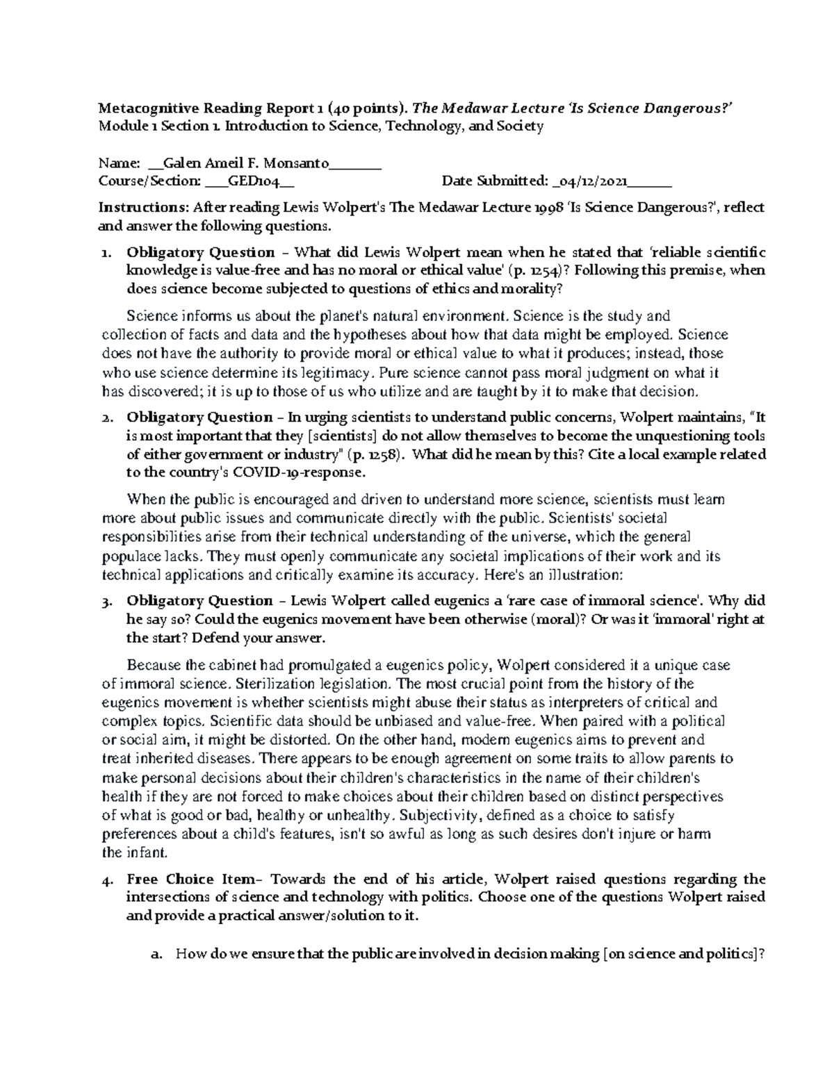 MRR1 GED104 Monsanto - n/a - Metacognitive Reading Report 1 (40 points ...