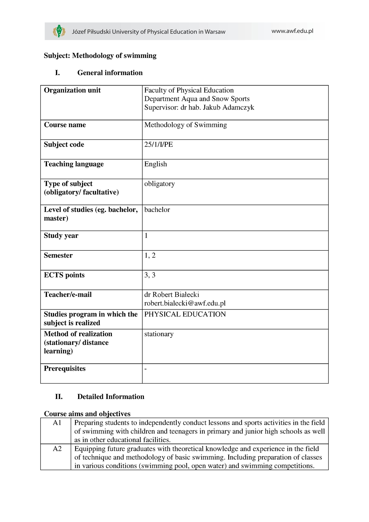 Methodology-of-Swimming - Subject: Methodology of swimming I. General ...