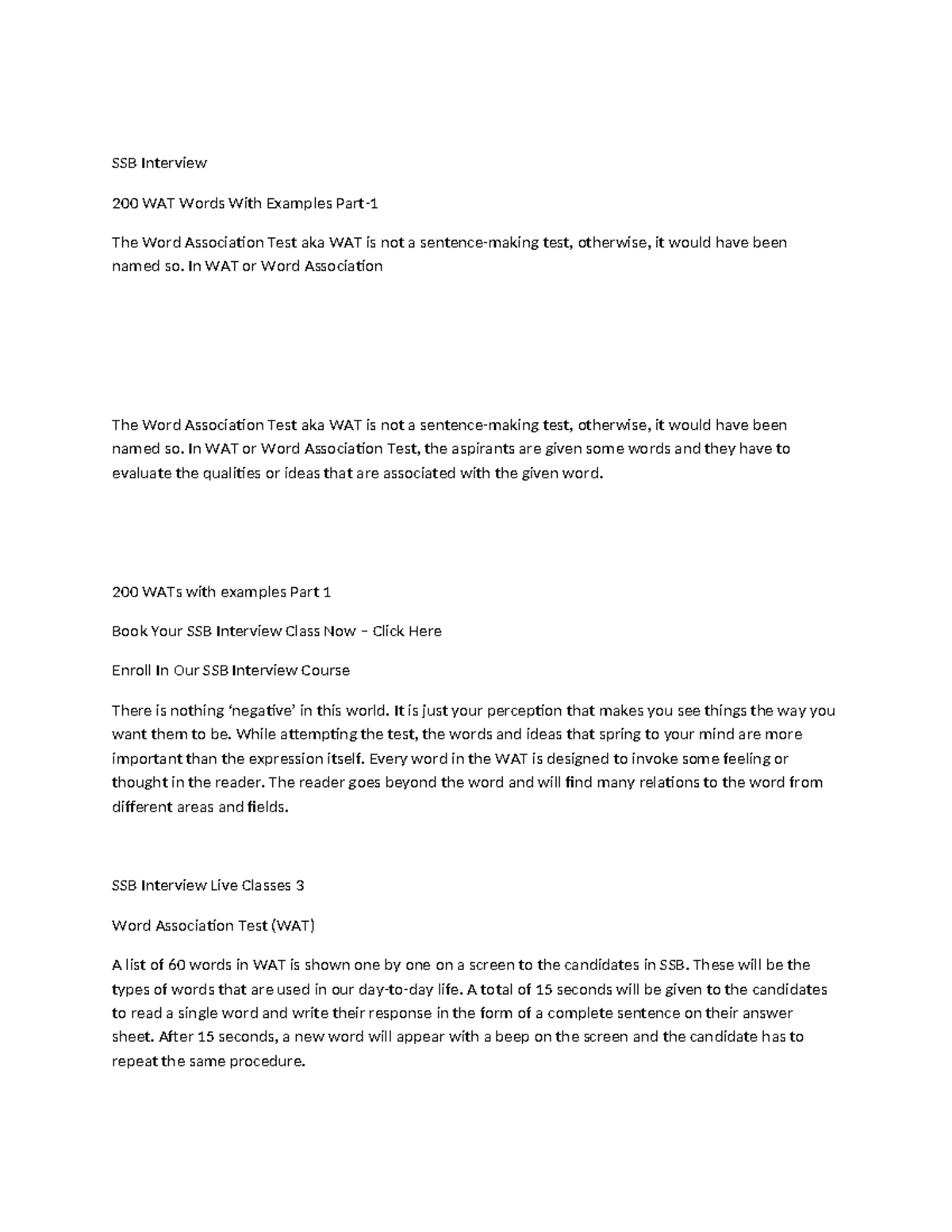 SSB WAT TEST WITH Examples SSB Interview 200 WAT Words With Examples