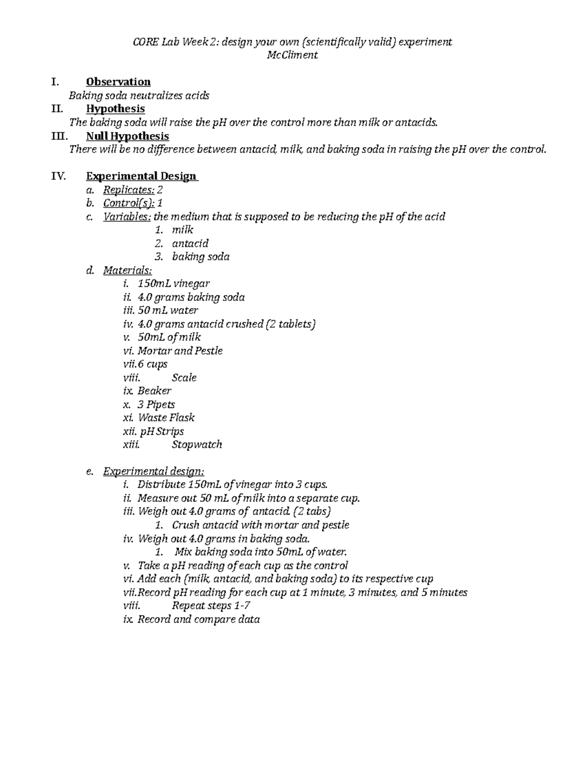 Antacid lab report Lab McCliment I. Observation Baking soda
