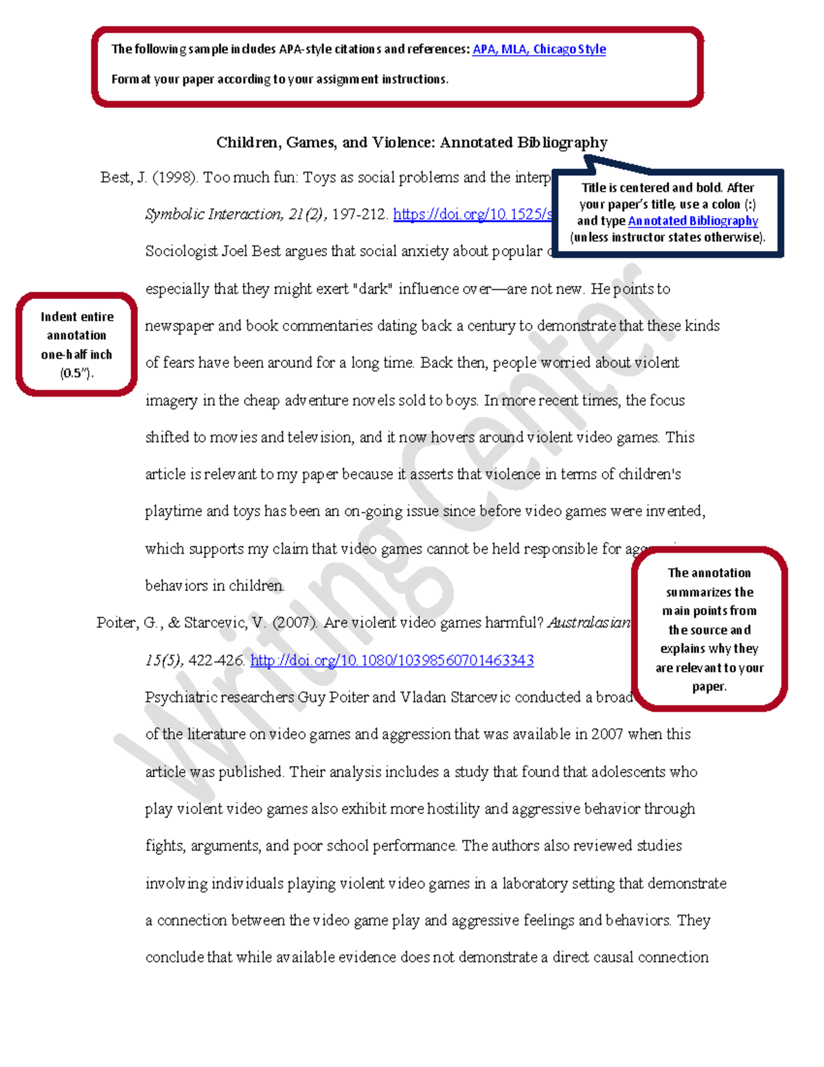 Annotated Bibliography Sample - Children, Games, and Violence ...
