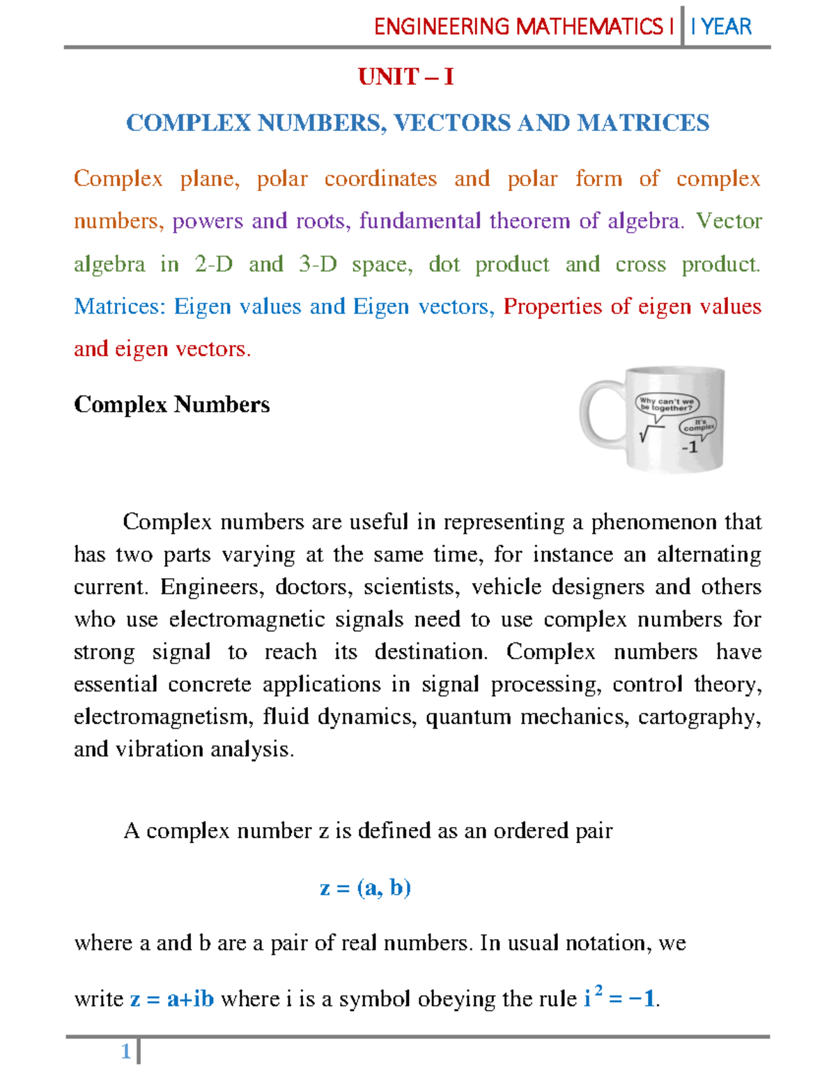 18AI101 LPD11 - ...... - UNIT – I COMPLEX NUMBERS, VECTORS AND MATRICES ...