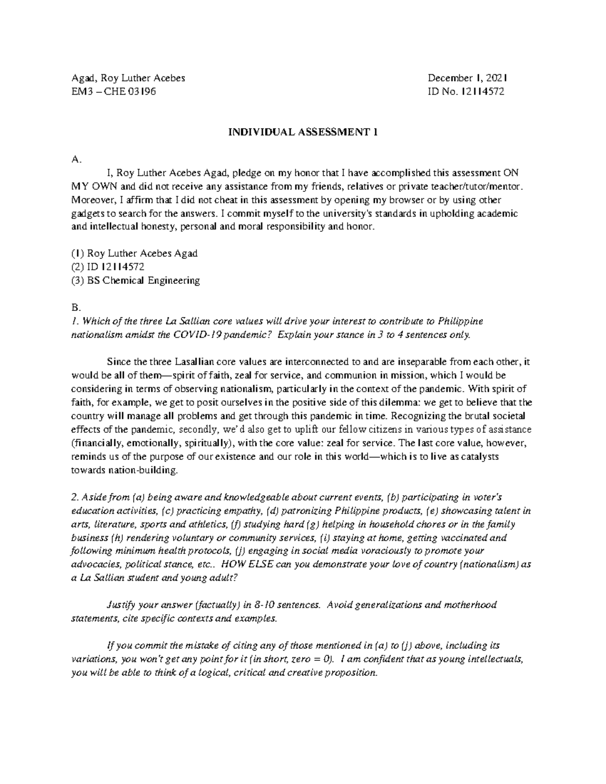 AGAD Individual Assessment #1 - Agad, Roy Luther Acebes December 1 ...