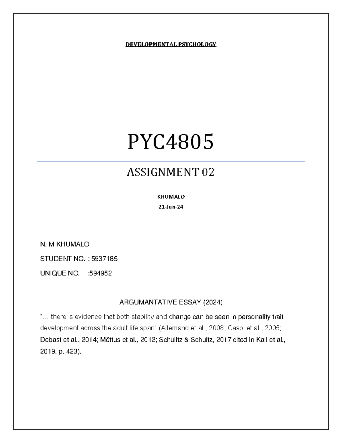 PYC4805 Argumentative essay - DEVELOPMENTAL PSYCHOLOGY PYC ASSIGNMENT ...