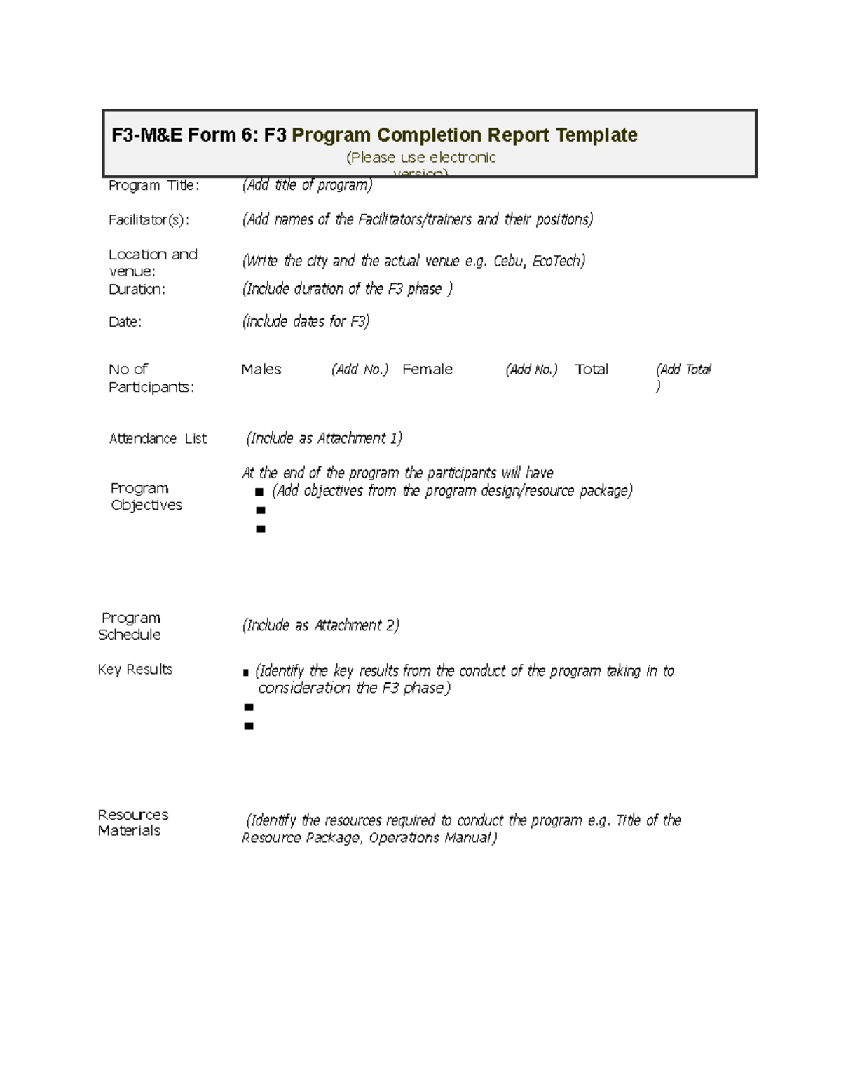 Program Completion Report Template - F3-M&E Form 6: F3 Program ...