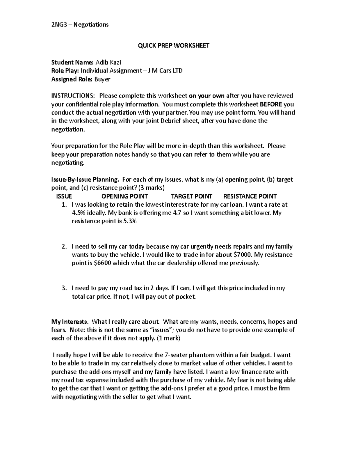 Individual Assignment - Prep Sheet - 2NG3 – Negotiations QUICK PREP ...