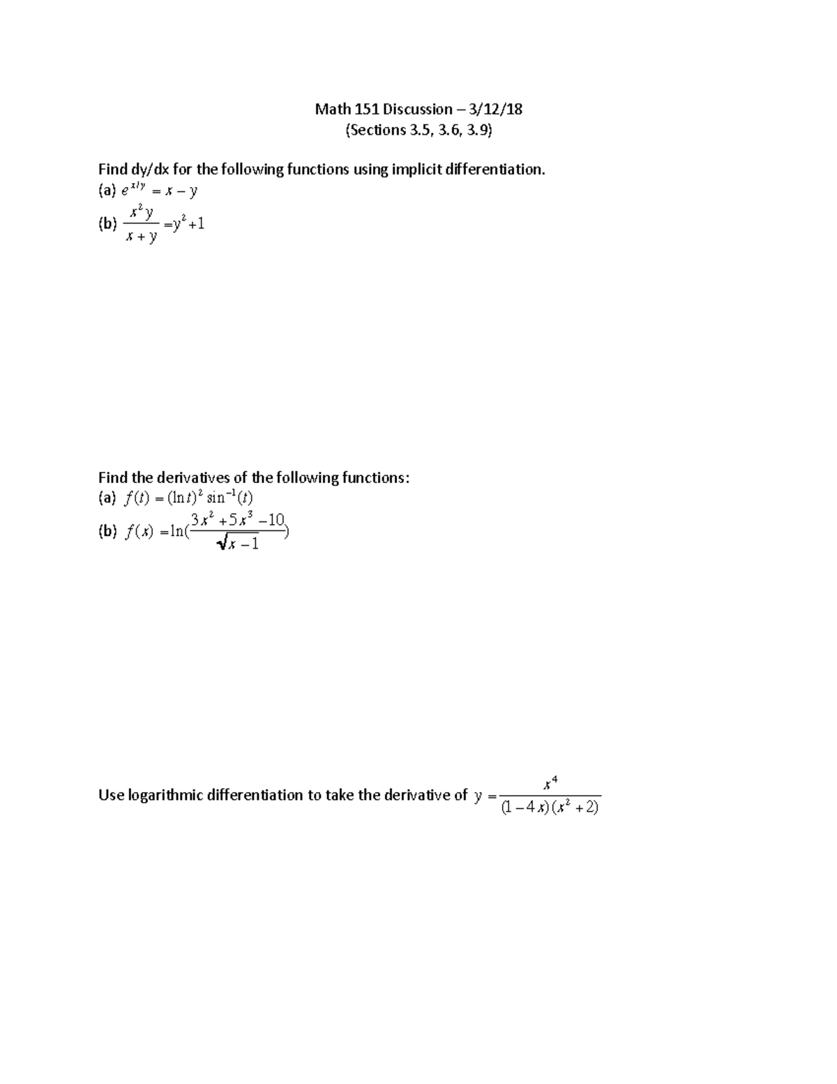 Math151 Disc6 - reveiw worksheet - Math 151 Discussion (Sections 3, 3 ...