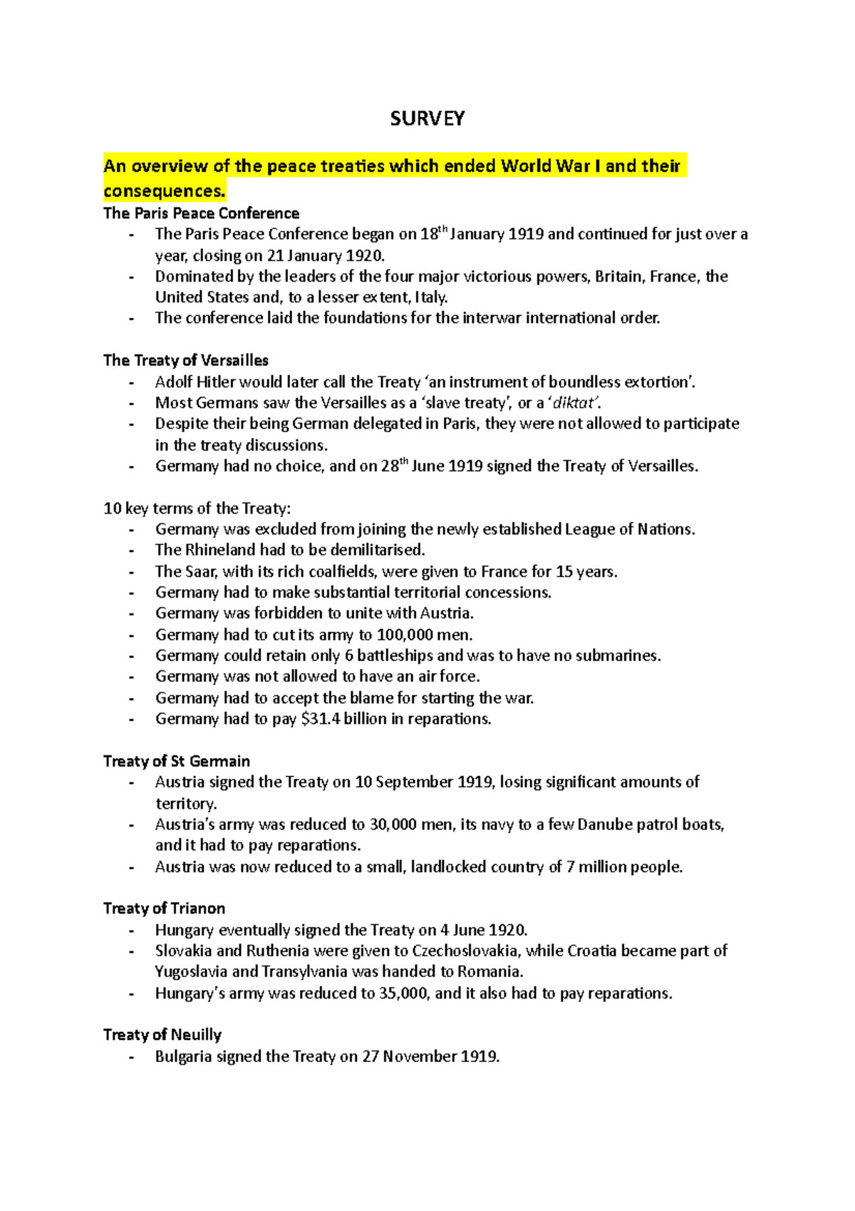 An overview of the peace treaties which ended WWI and their ...