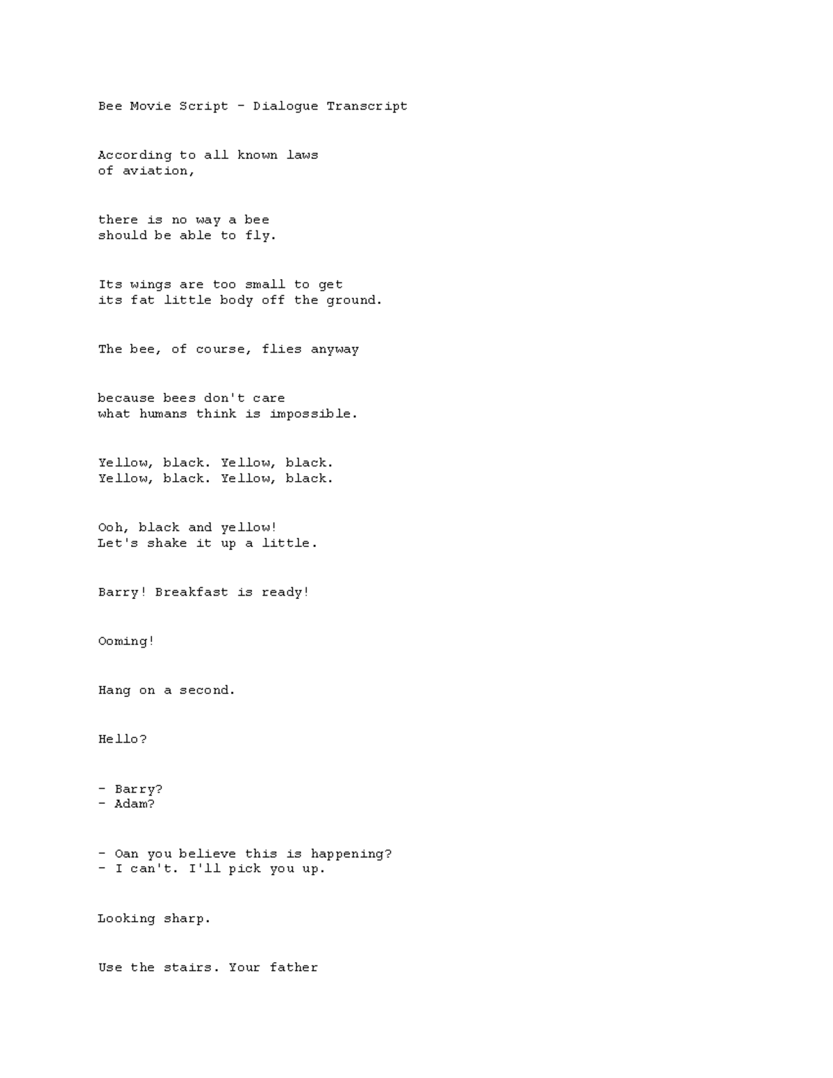 Bee Movie Script - Grade: A+ - Bee Movie Script - Dialogue Transcript ...