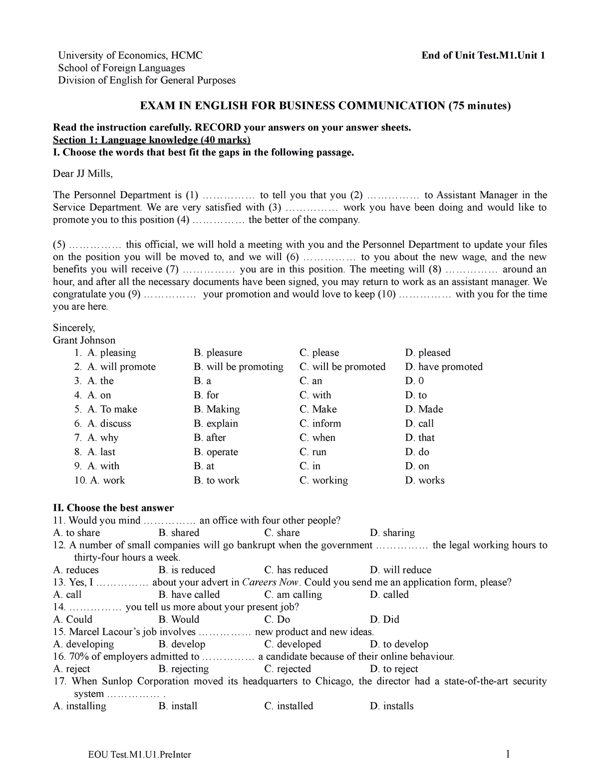 EOU TEST 1 With Key - Eou Test - University Of Economics, HCMC School ...