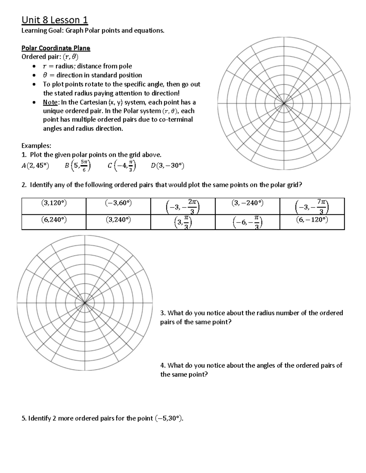 Unit 8 Lesson 1 Polar Coordinates - Unit 8 Lesson 1 Learning Goal ...