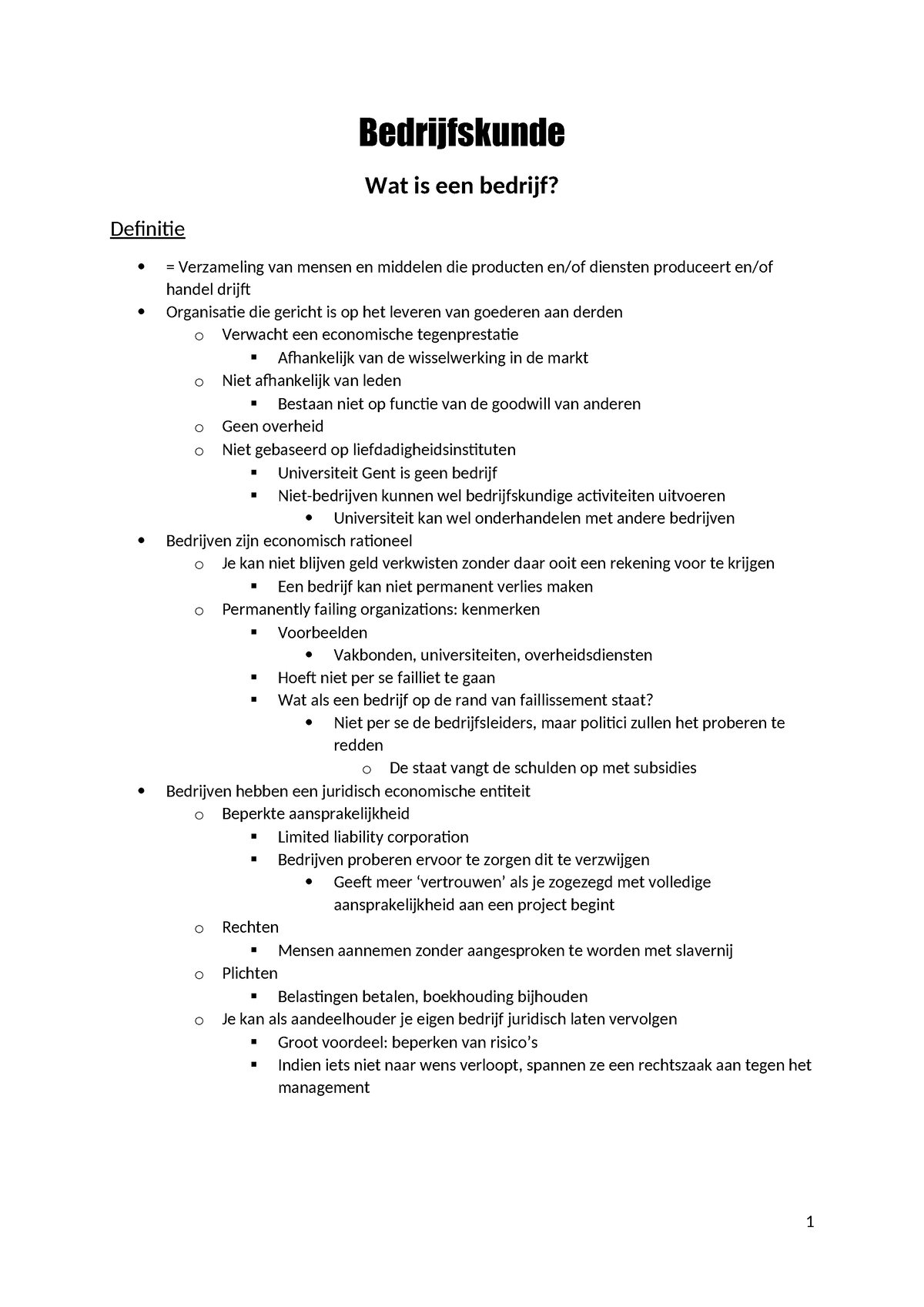 Bedrijfskunde - BACH1 (SEM2) - Bedrijfskunde Wat Is Een Bedrijf ...