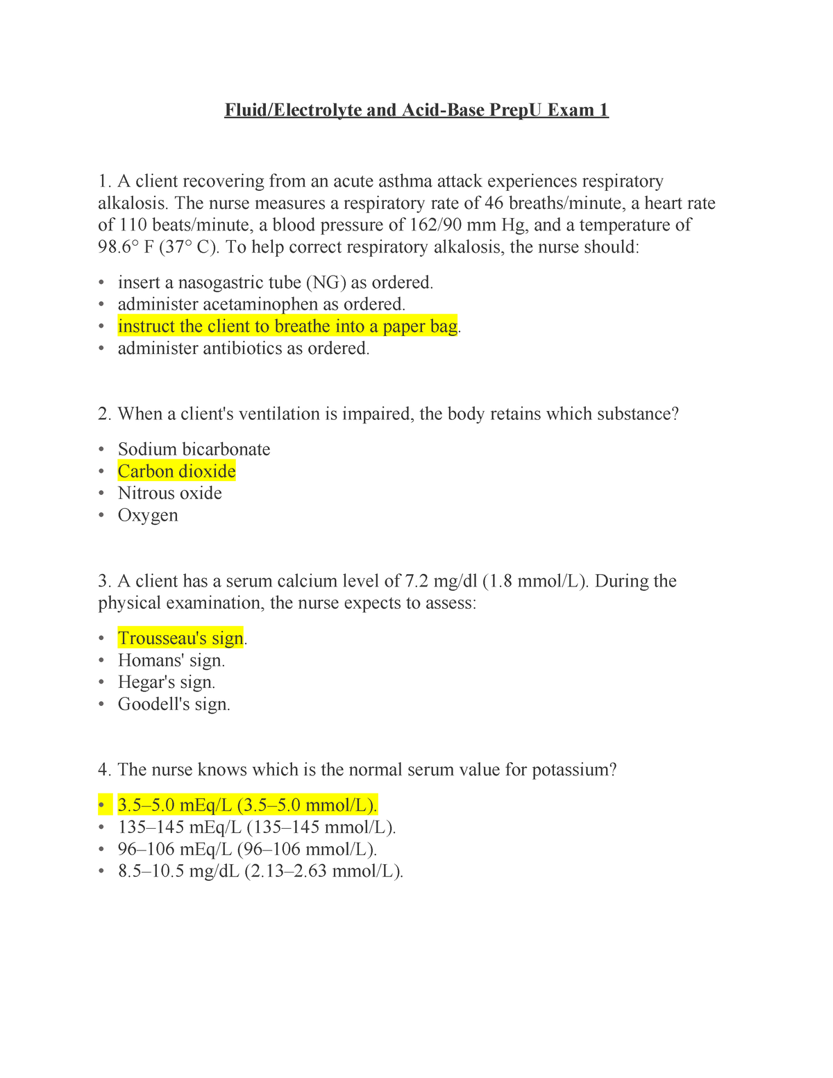 Fluid Electrolyte Acid Base Prep U Quiz - Fluid/Electrolyte And Acid ...