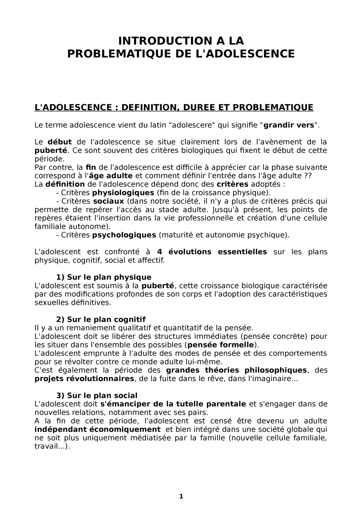 Développement Psychoaffectif De Ladolescent Introduction A La Problematique De Ladolescence 