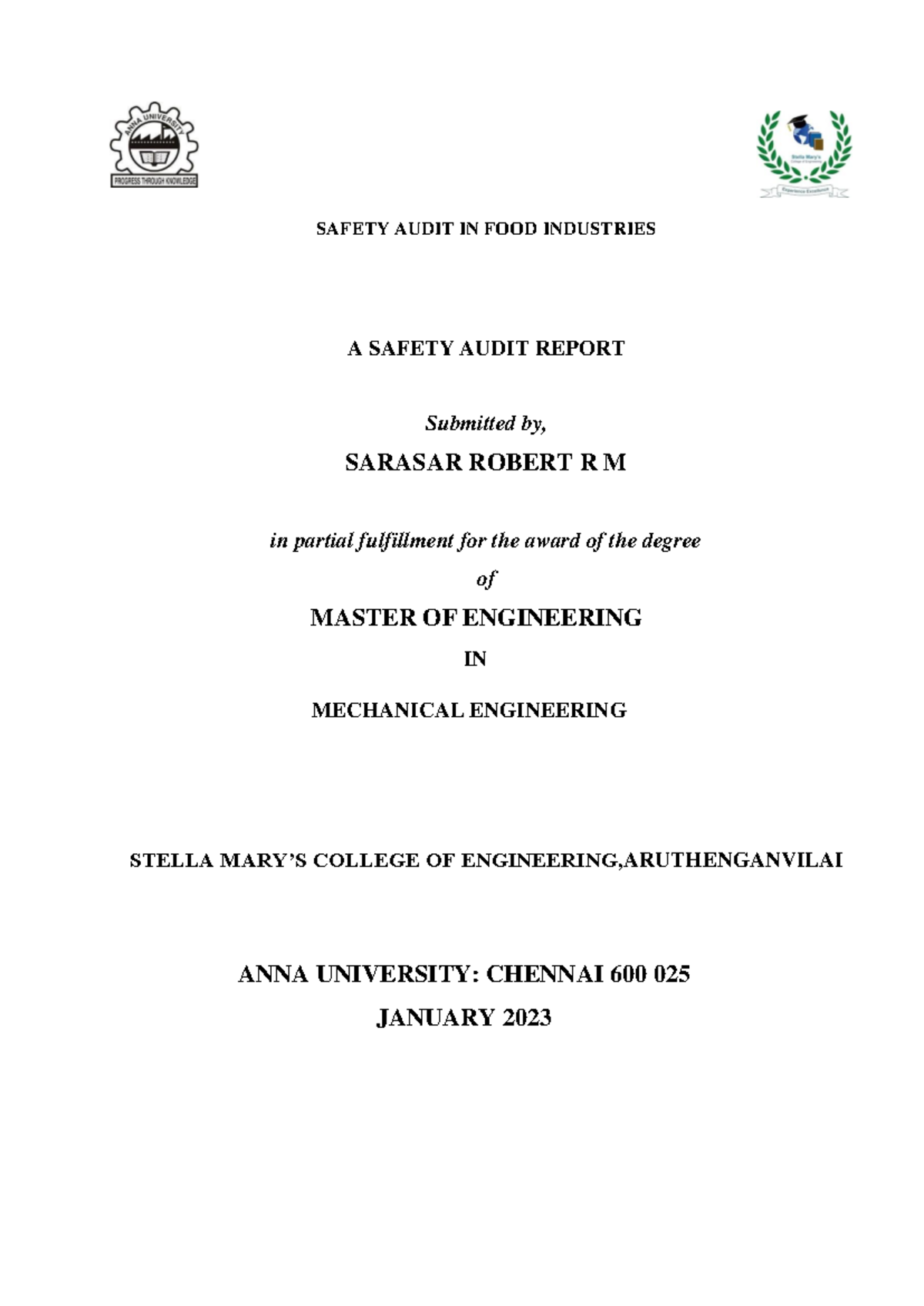 Safety Audit IN FOOD Industries SAFETY AUDIT IN FOOD INDUSTRIES A