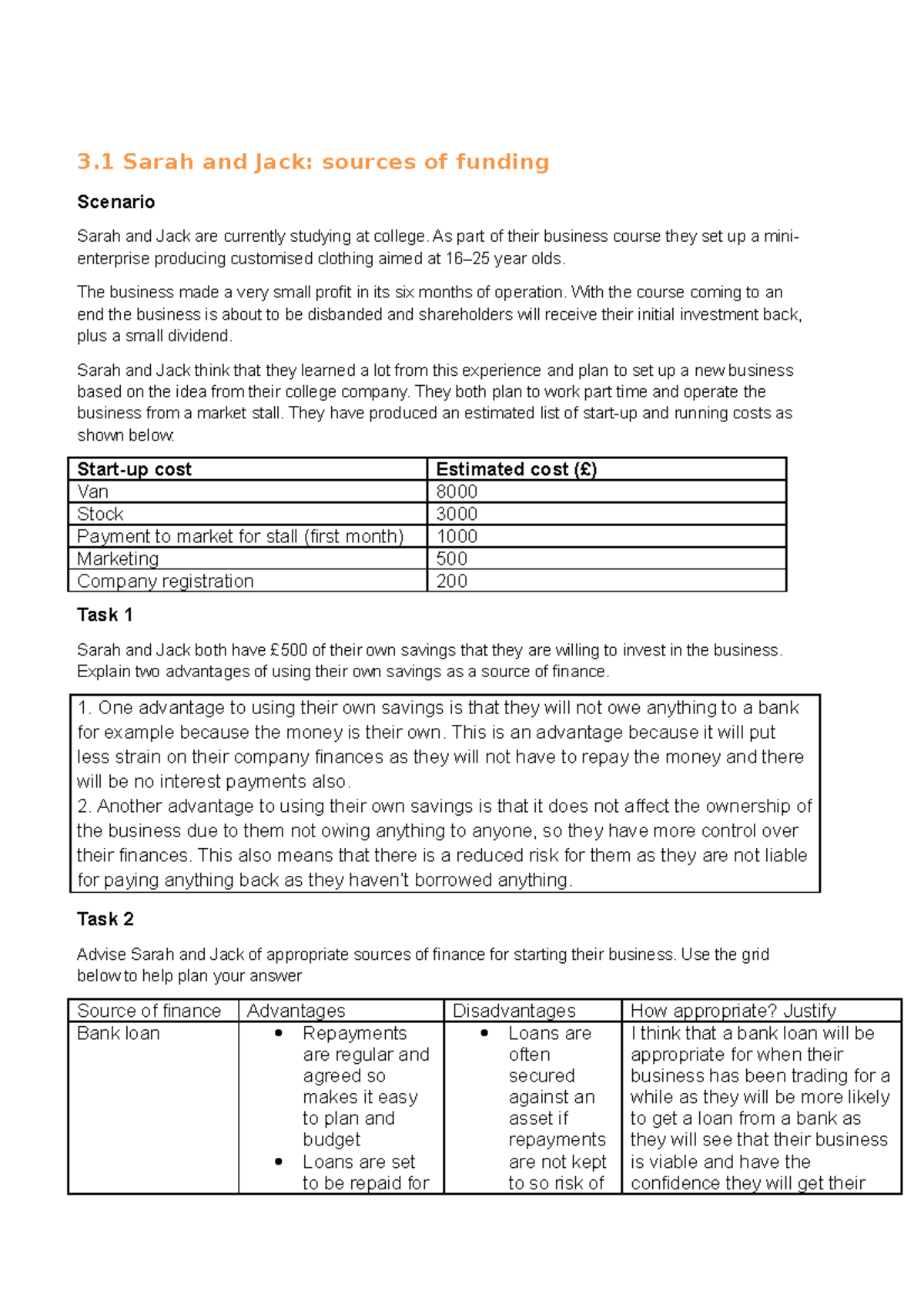 Sarah and Jack AS1 - BTEC Business Unit 3 revision - 3 Sarah and Jack ...