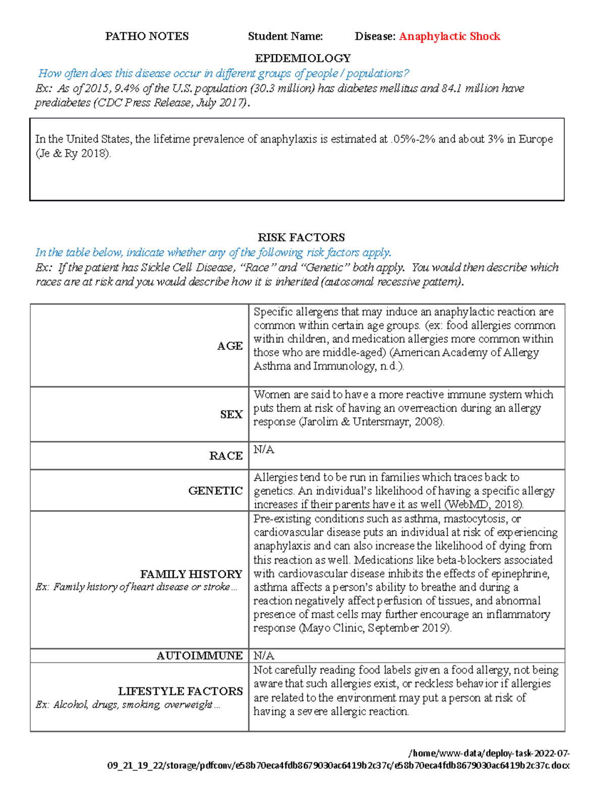 PN2 Anaphylactic Shock - PATHO NOTES Student Name: Disease ...