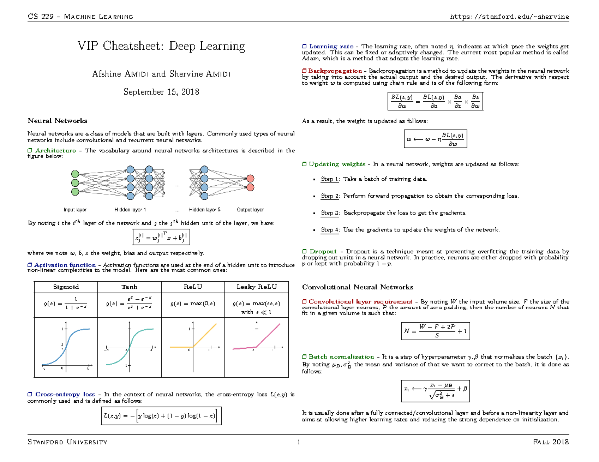 Cheatsheet-deep-learning - CS 229 – Machine Learning Stanford/~shervine ...