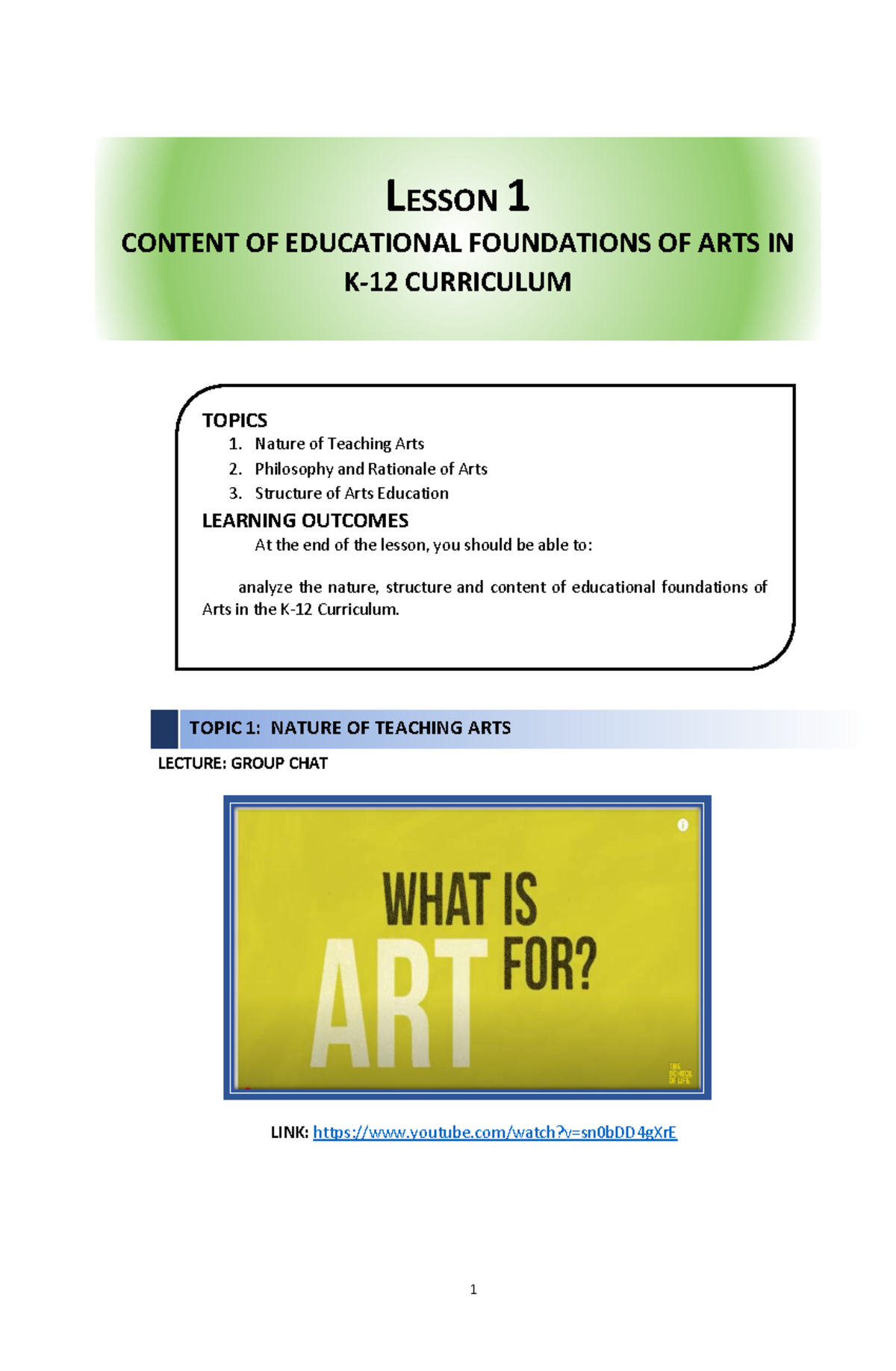 3rd Year Teaching Arts in the Elementary Grade - LECTURE: GROUP CHAT ...
