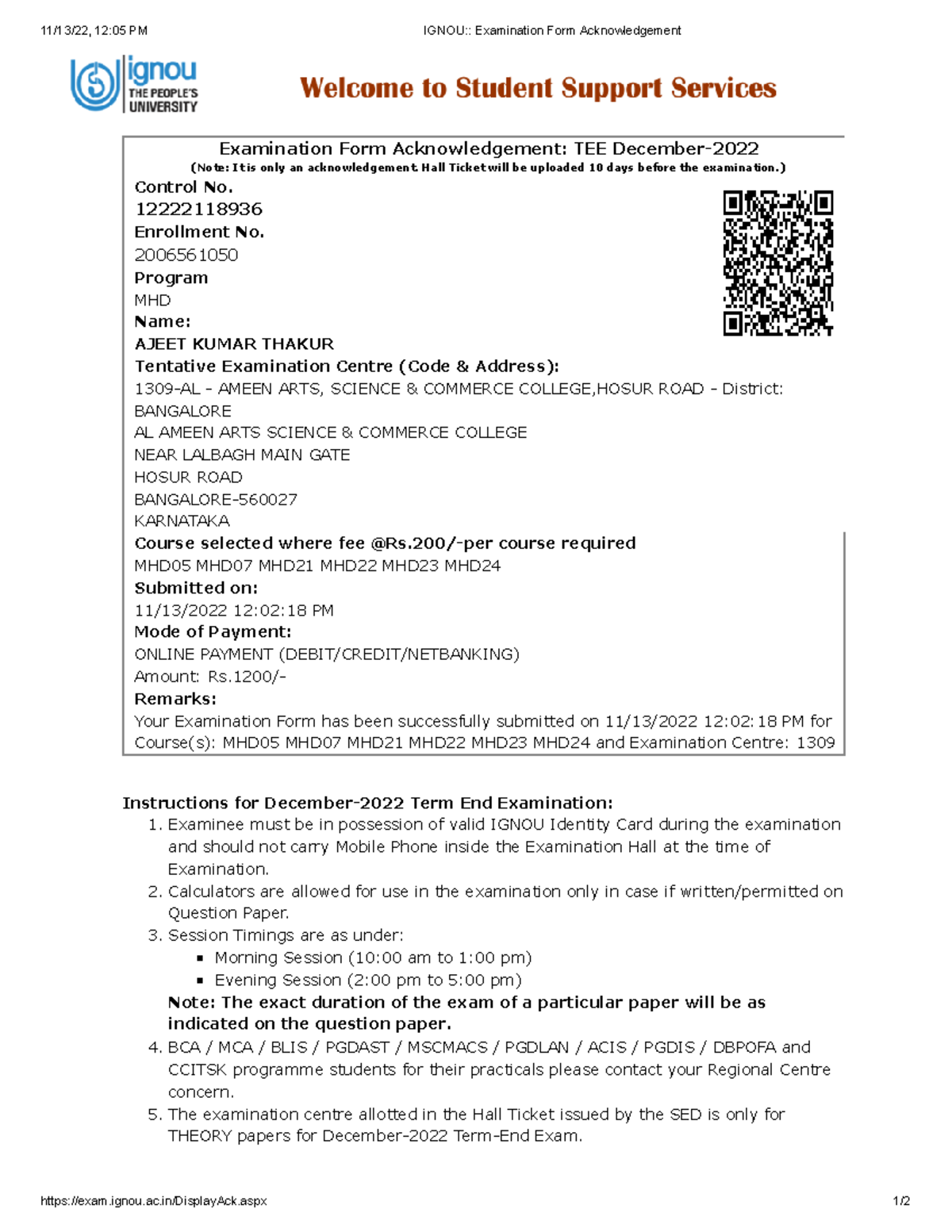 assignment acknowledgement slip ignou