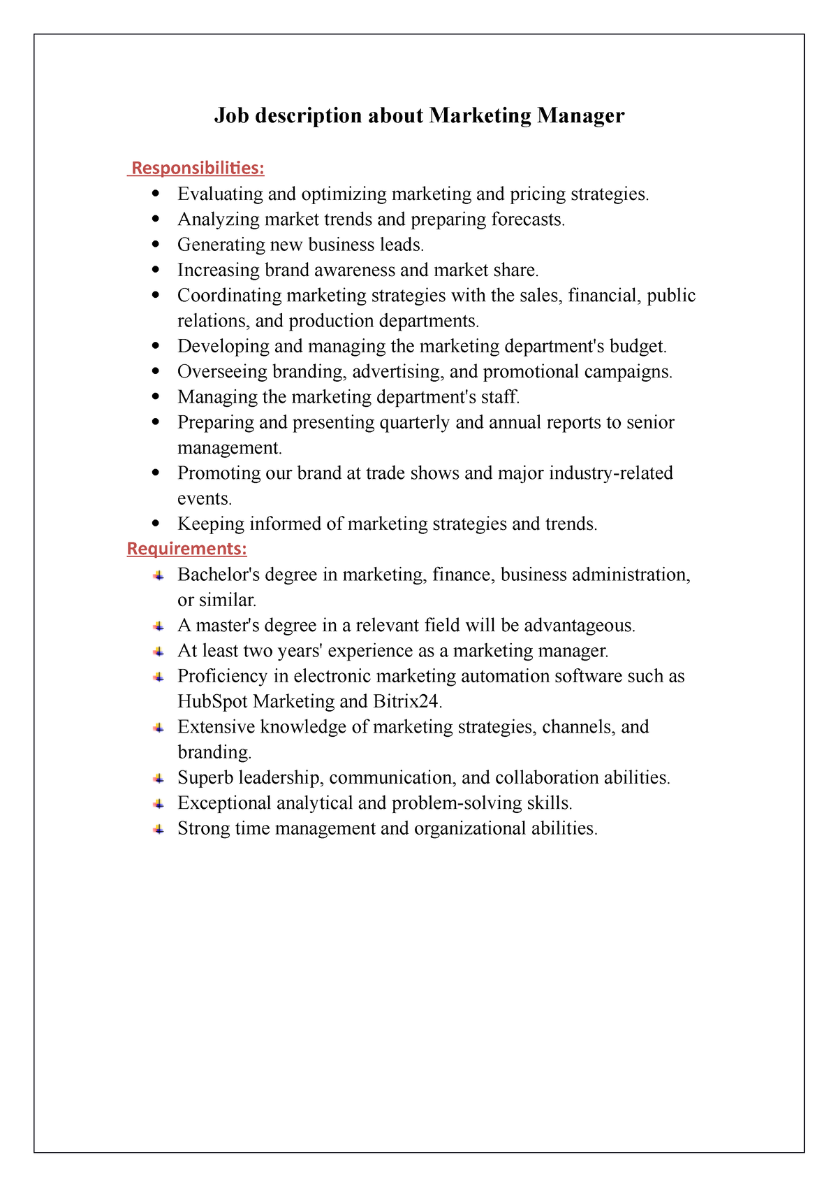 Marketing Manager Job Description Job Description About Marketing 