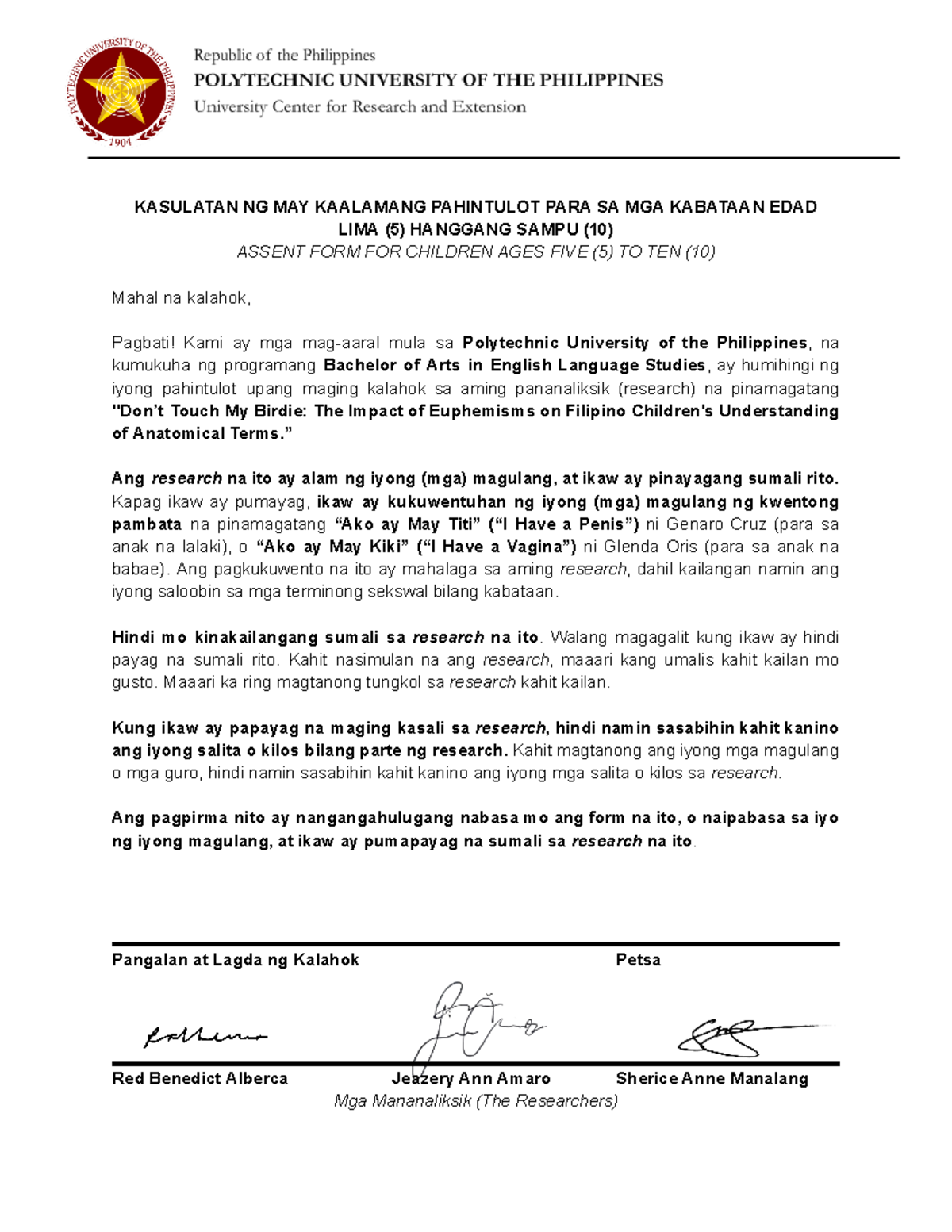 Assent FORM - KASULATAN NG MAY KAALAMANG PAHINTULOT PARA SA MGA ...