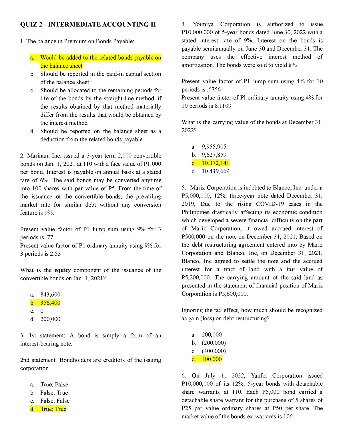 QUIZ 2 - Intacc 2 - QUIZ 2 - INTERMEDIATE ACCOUNTING II The Balance In ...