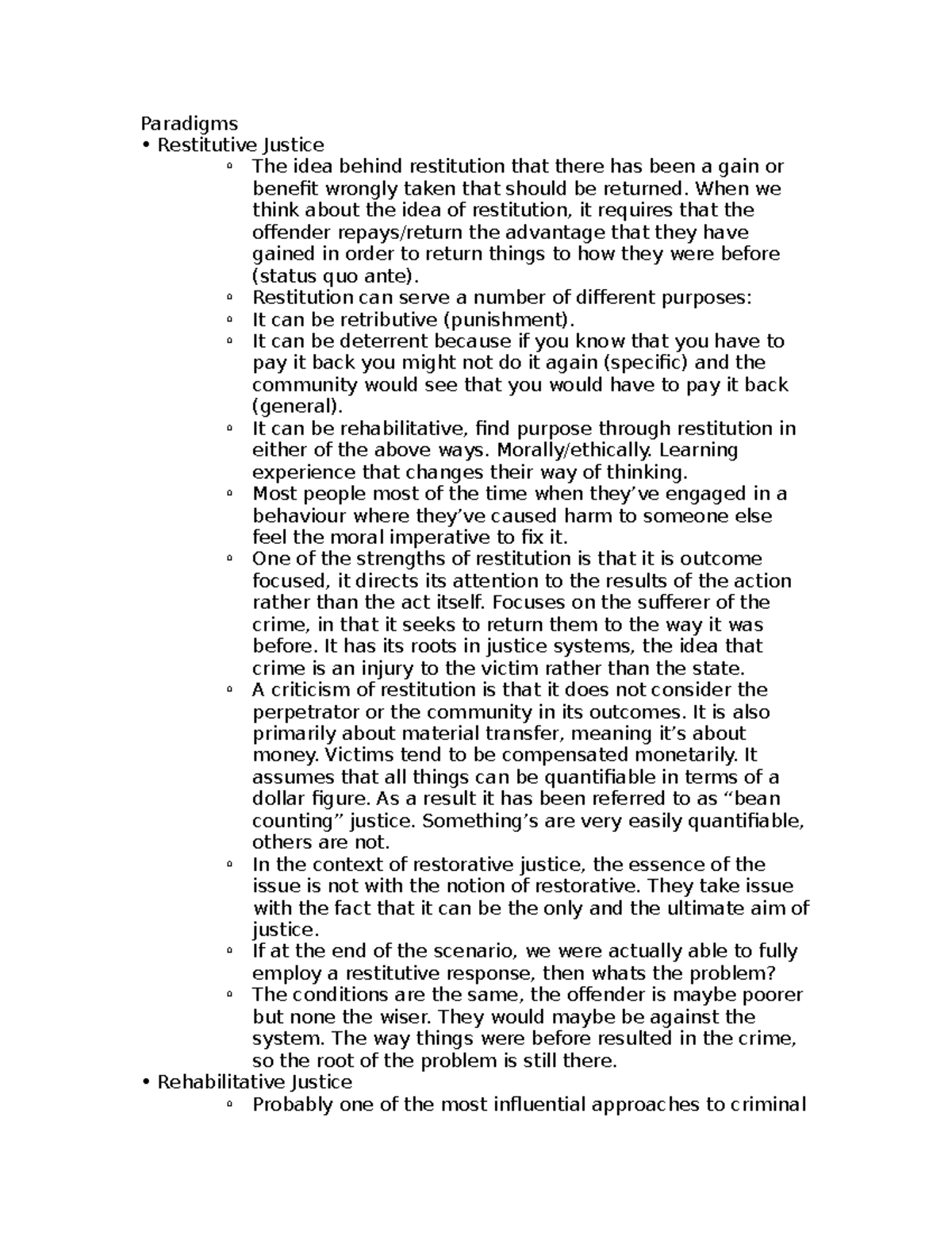 Js318 Lecture notes 2-3 - Paradigms • Restitutive Justice The idea ...
