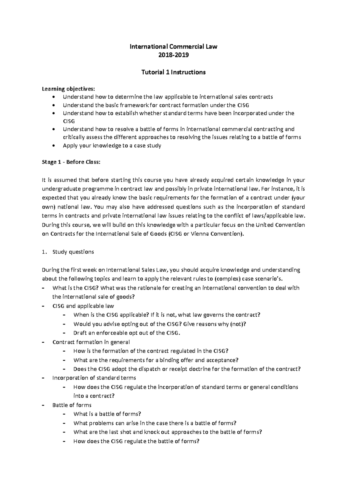 ICL Tutorial 1 Instructions - Warning: TT: undefined function: 32  International Commercial Law 2018- - StudeerSnel